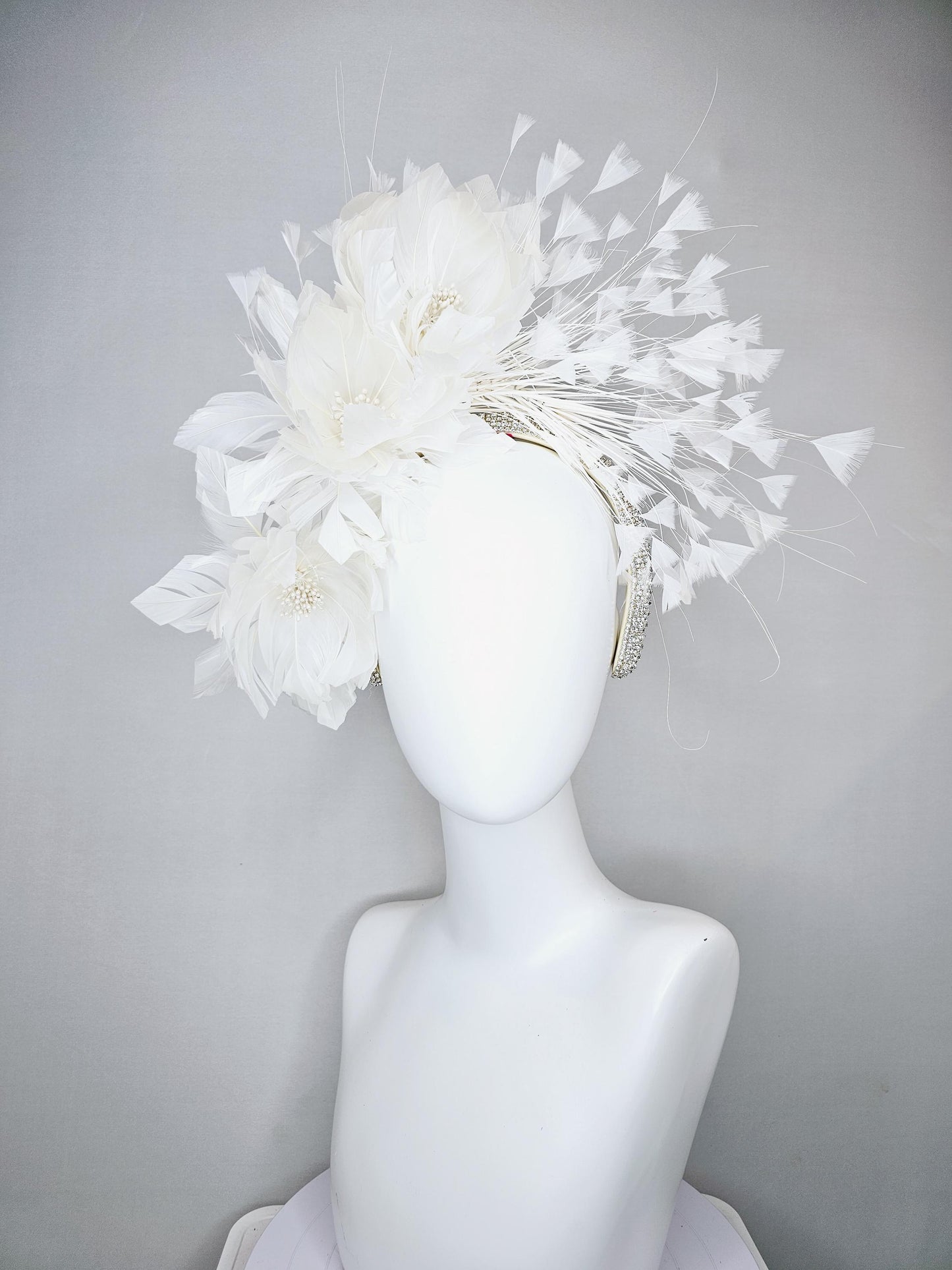 kentucky derby hat fascinator crystal rhinestone headband,with white feather flowers with pearl core,and white branching feathers