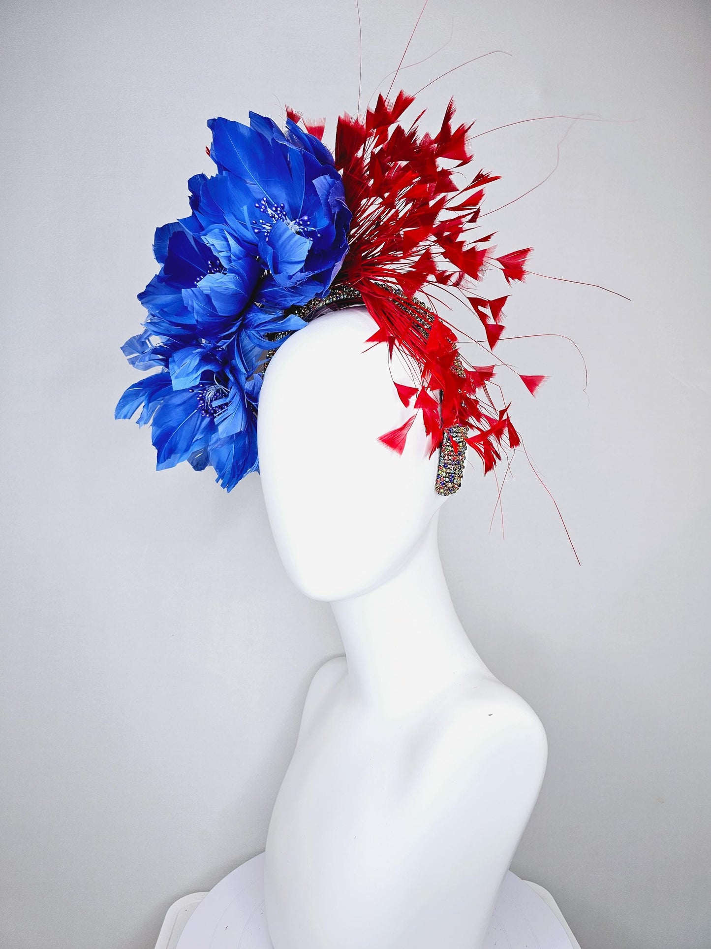 kentucky derby hat fascinator rainbow colorful crystal rhinestone headband with cobalt royal blue feather flowers and branching red feathers