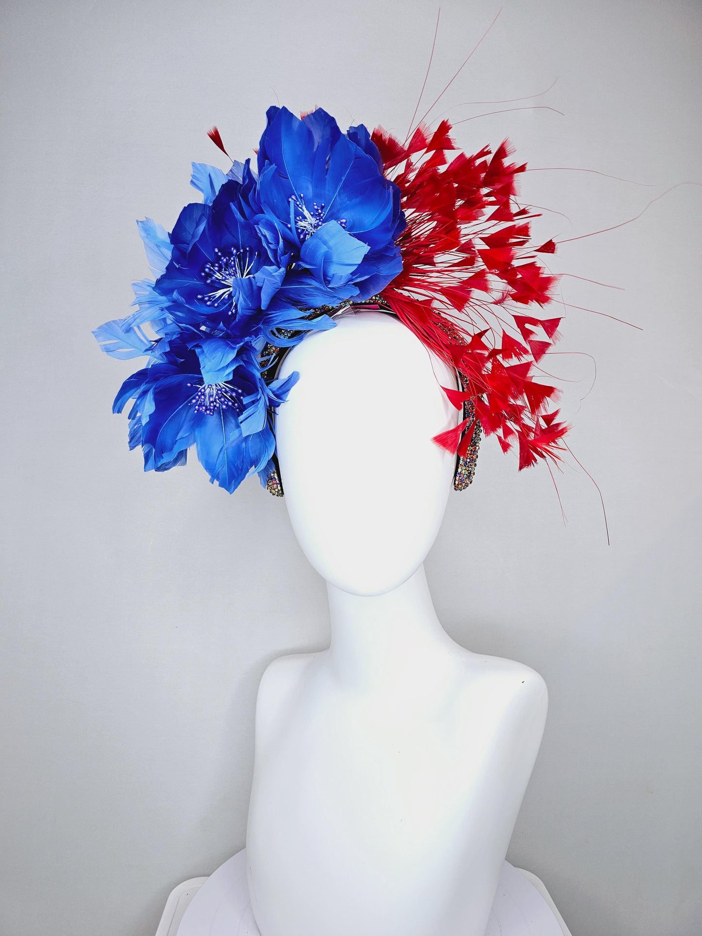 kentucky derby hat fascinator rainbow colorful crystal rhinestone headband with cobalt royal blue feather flowers and branching red feathers