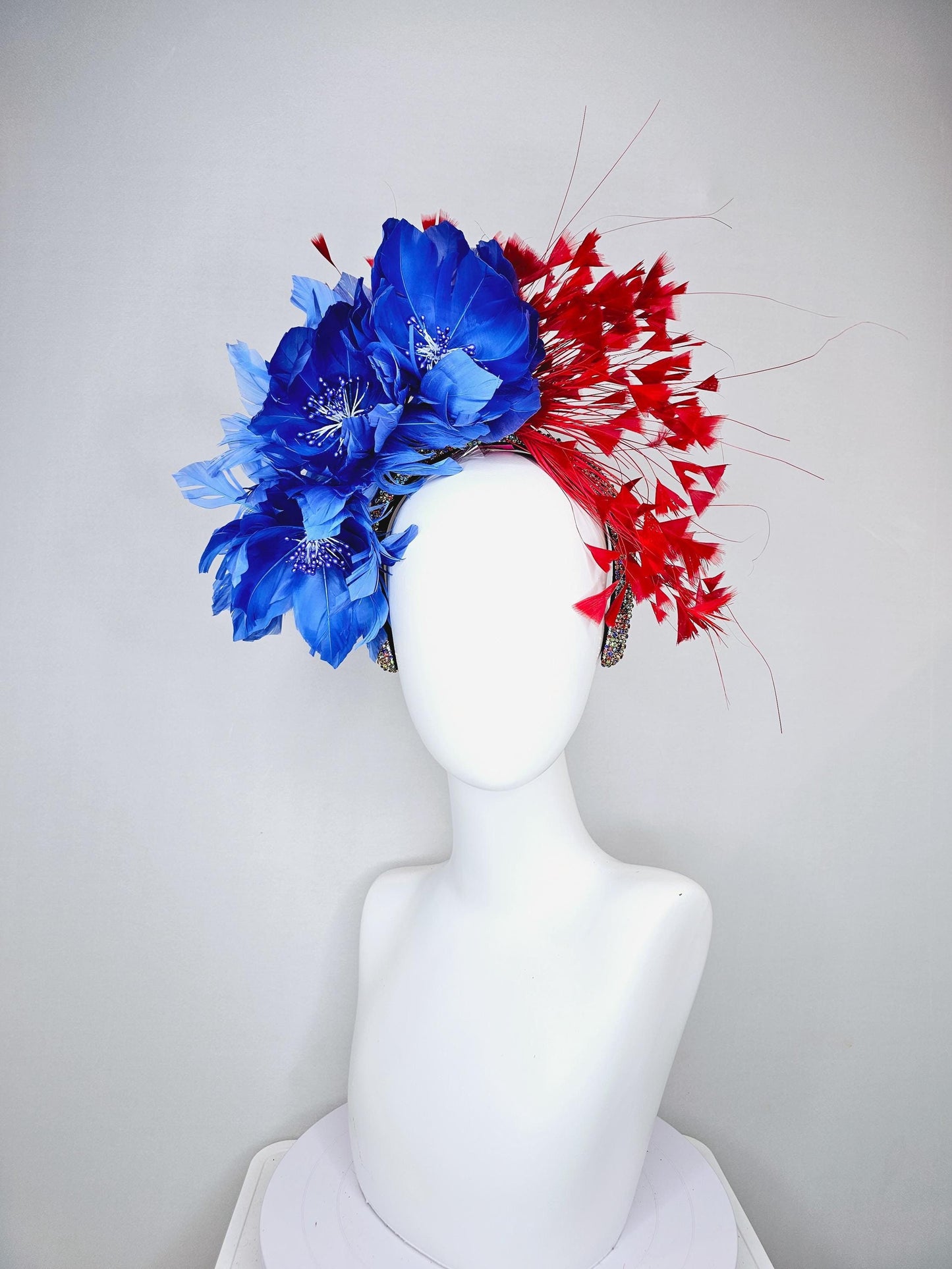 kentucky derby hat fascinator rainbow colorful crystal rhinestone headband with cobalt royal blue feather flowers and branching red feathers