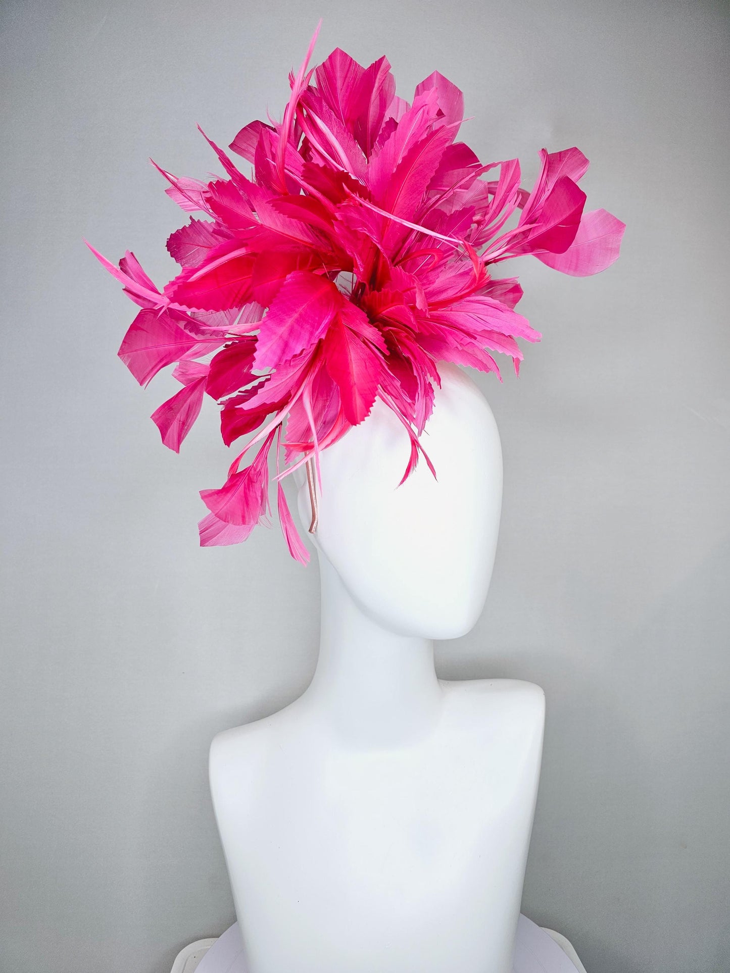 kentucky derby hat fascinator with bright hot pink branching feathers