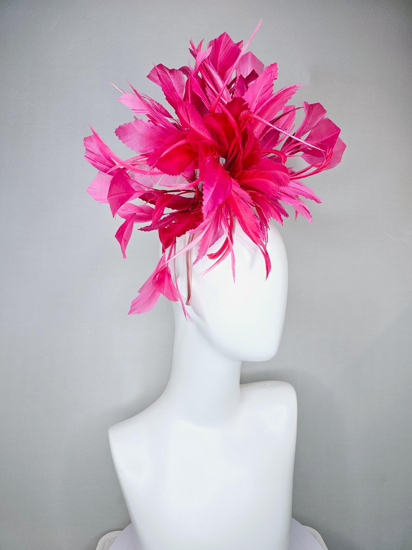 kentucky derby hat fascinator with bright hot pink branching feathers