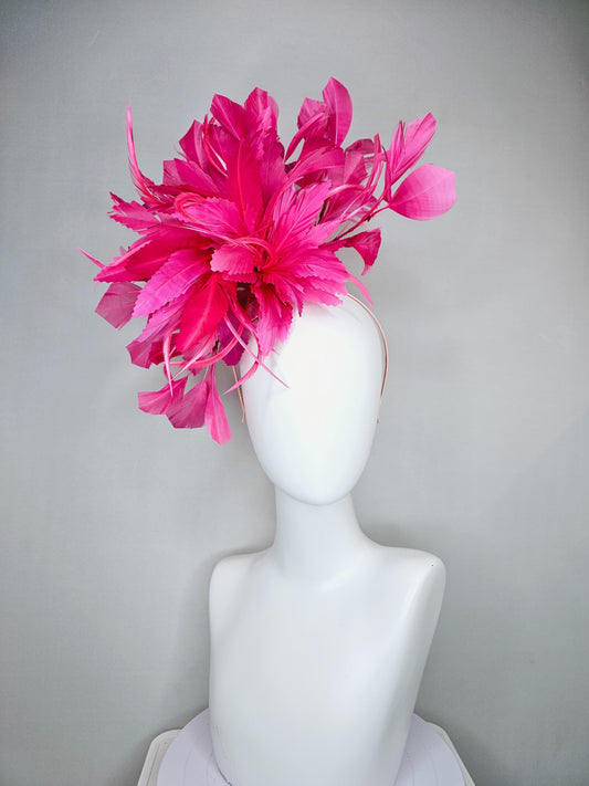 kentucky derby hat fascinator with bright hot pink branching feathers