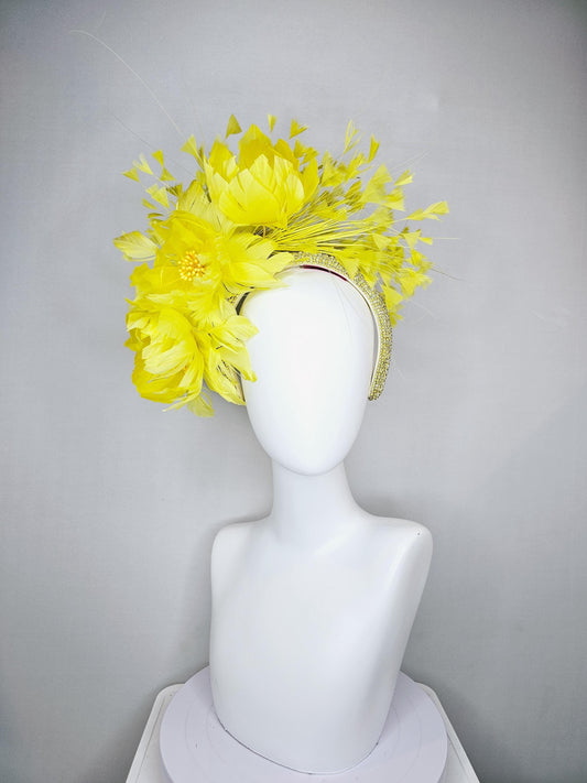 kentucky derby hat fascinator yellow gold crystal rhinestone headband with bright yellow feather flowers and branching yellow feathers