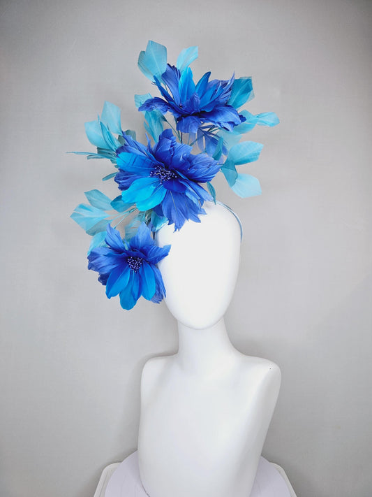 kentucky derby hat fascinator with cobalt royal blue feather flowers with blue pearl core,and sky light blue branching feathers