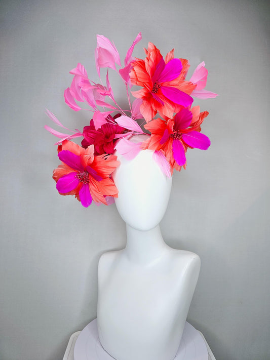 kentucky derby hat fascinator with fuchsia pink and coral orange feather flowers,and light pink branching feathers