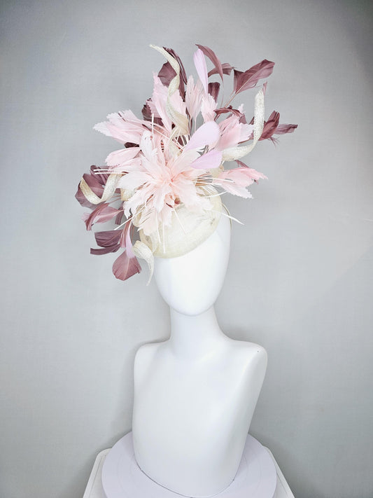 kentucky derby hat fascinator ivory sinamay with curls,light blush pink feather flower and dusty rose branching feathers