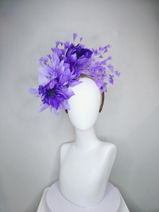 kentucky derby hat fascinator purple lavender feather flowers,purple lavender branching feathers,brown copper crystal rhinestone headband