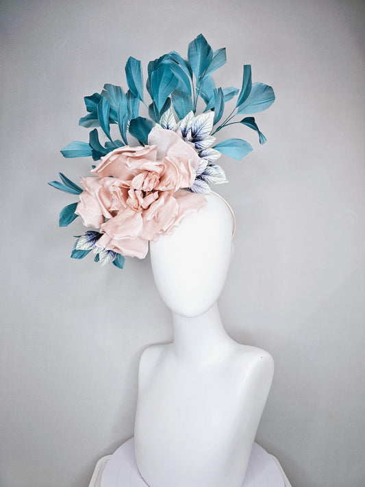 kentucky derby fascinator hat blush light pink satin flower with teal blue branching feathers