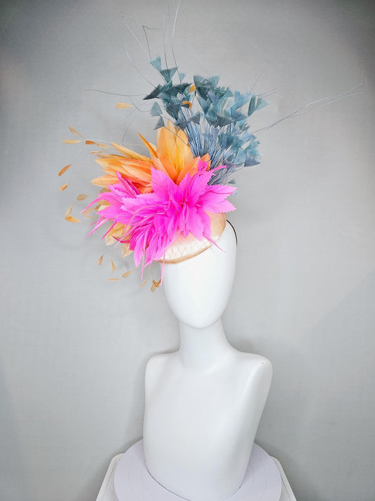 kentucky derby hat fascinator champagne light pink satin with netting with bright pink,orange, and teal blue branching feathers