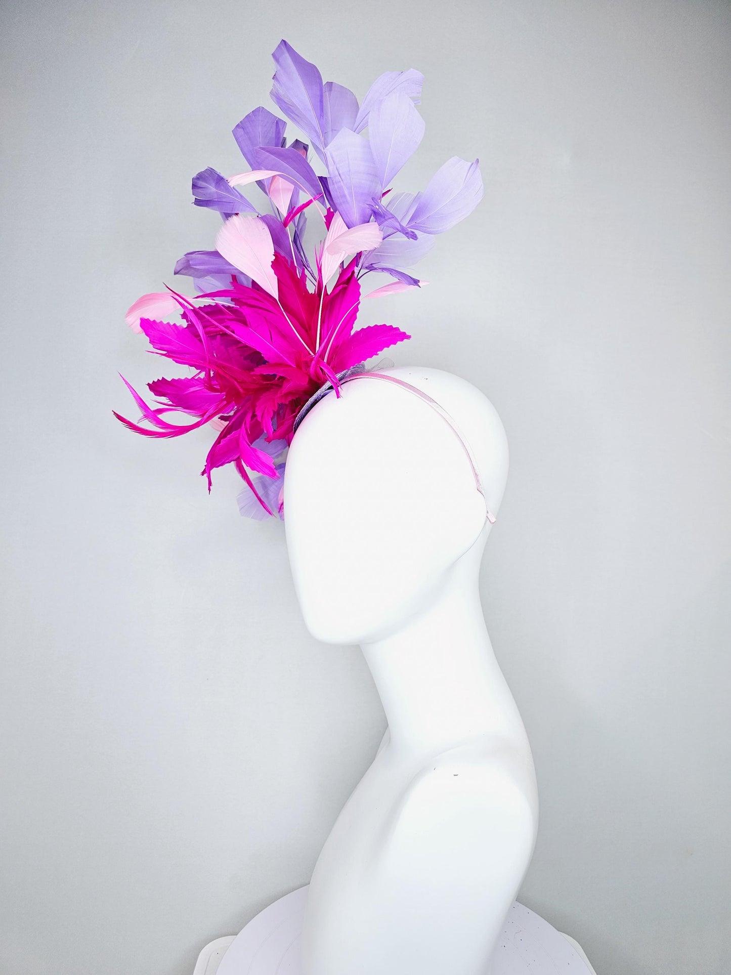 kentucky derby hat fascinator bright hot pink fuchsia feather flower with purple lavender and light pink branching feathers