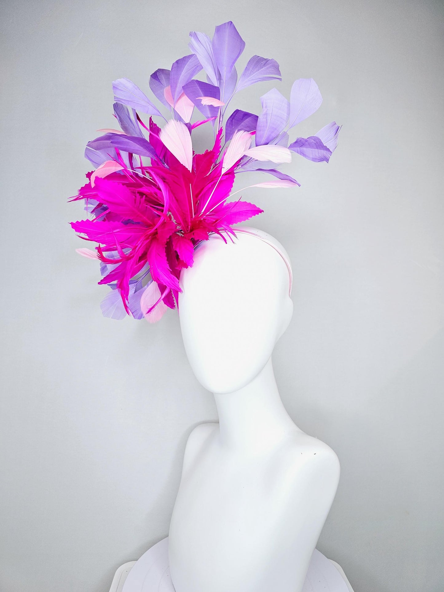 kentucky derby hat fascinator bright hot pink fuchsia feather flower with purple lavender and light pink branching feathers