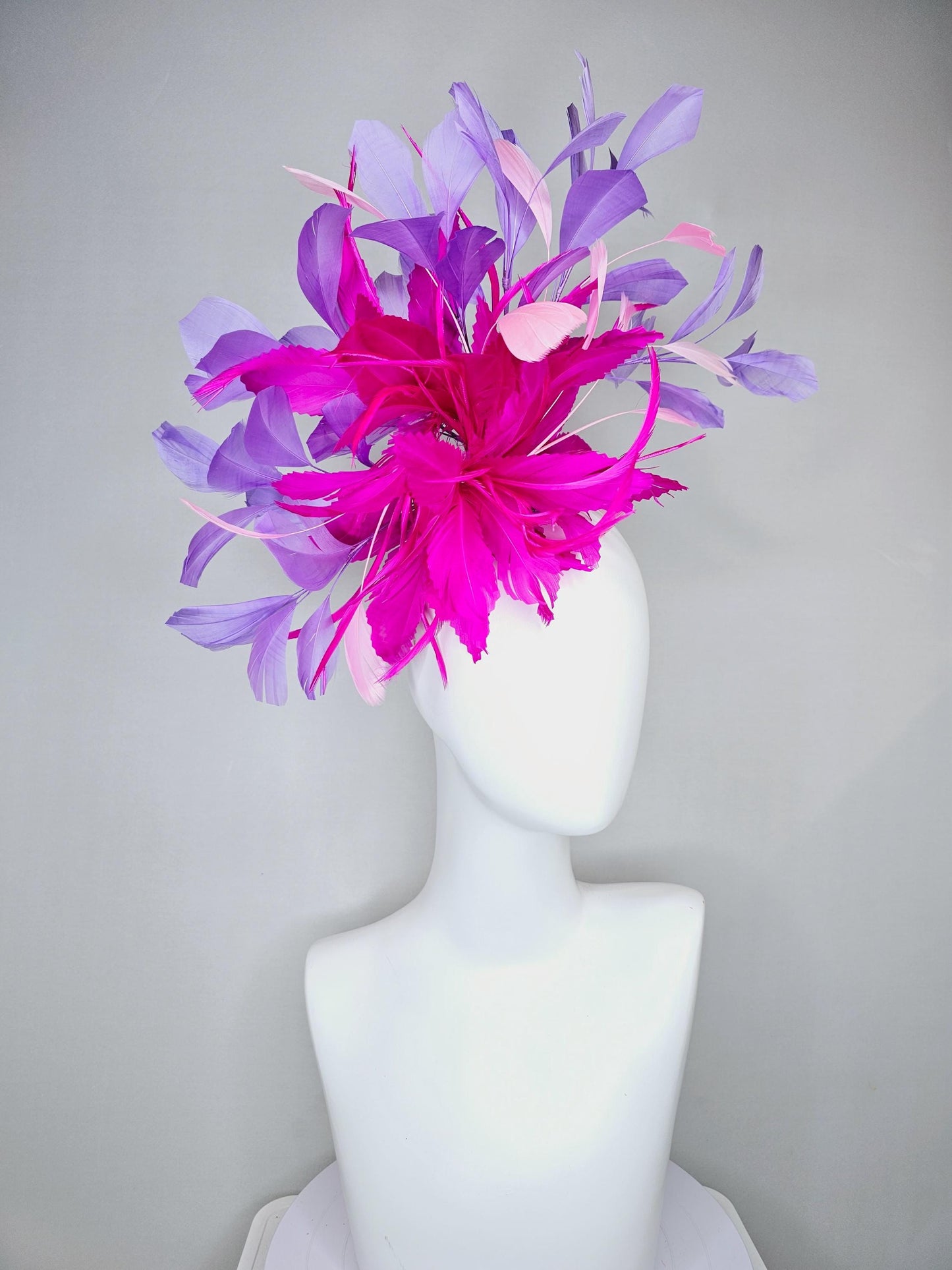 kentucky derby hat fascinator bright hot pink fuchsia feather flower with purple lavender and light pink branching feathers