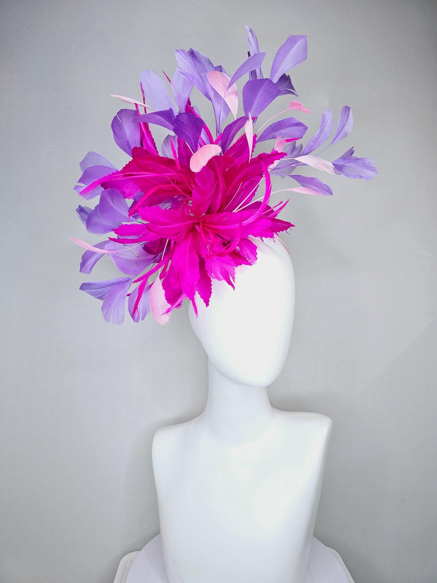 kentucky derby hat fascinator bright hot pink fuchsia feather flower with purple lavender and light pink branching feathers