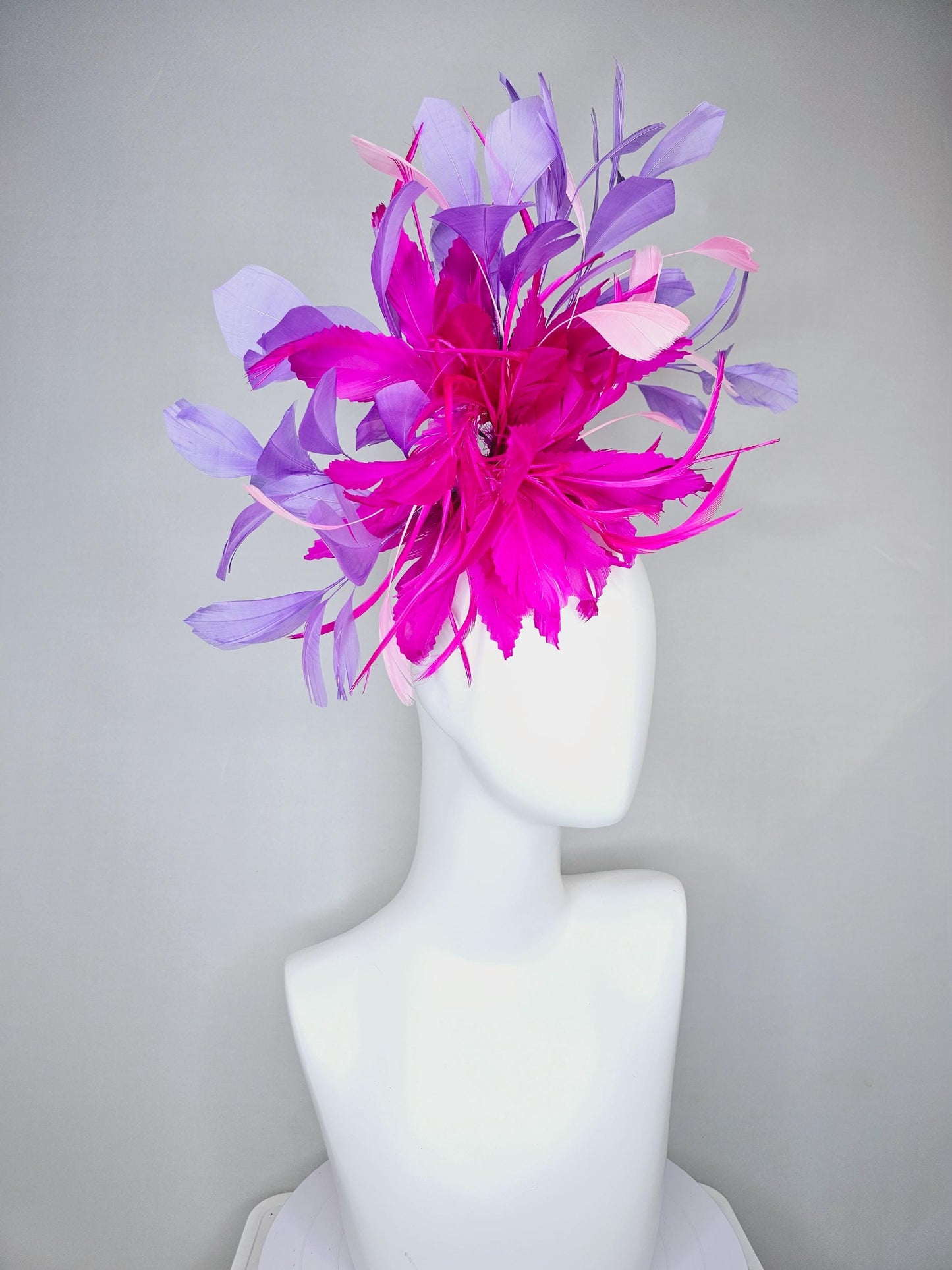 kentucky derby hat fascinator bright hot pink fuchsia feather flower with purple lavender and light pink branching feathers