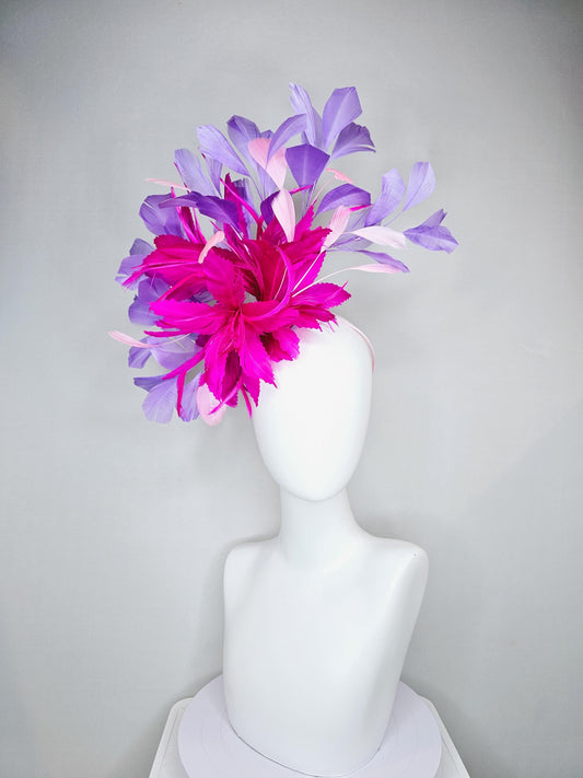 kentucky derby hat fascinator bright hot pink fuchsia feather flower with purple lavender and light pink branching feathers