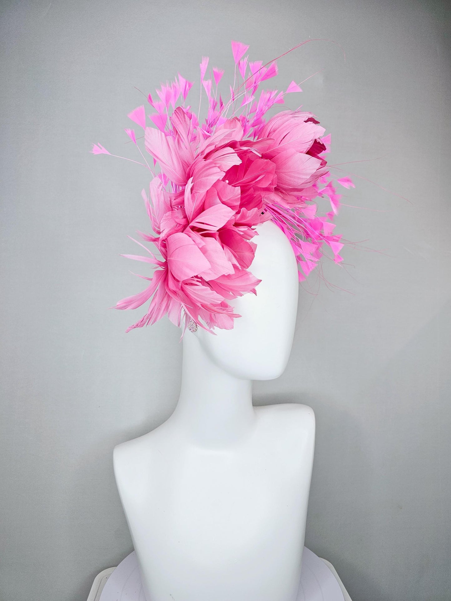 kentucky derby hat fascinator light pink iridescent crystal rhinestone headband,pink feather flowers with pearl core and light pink feathers