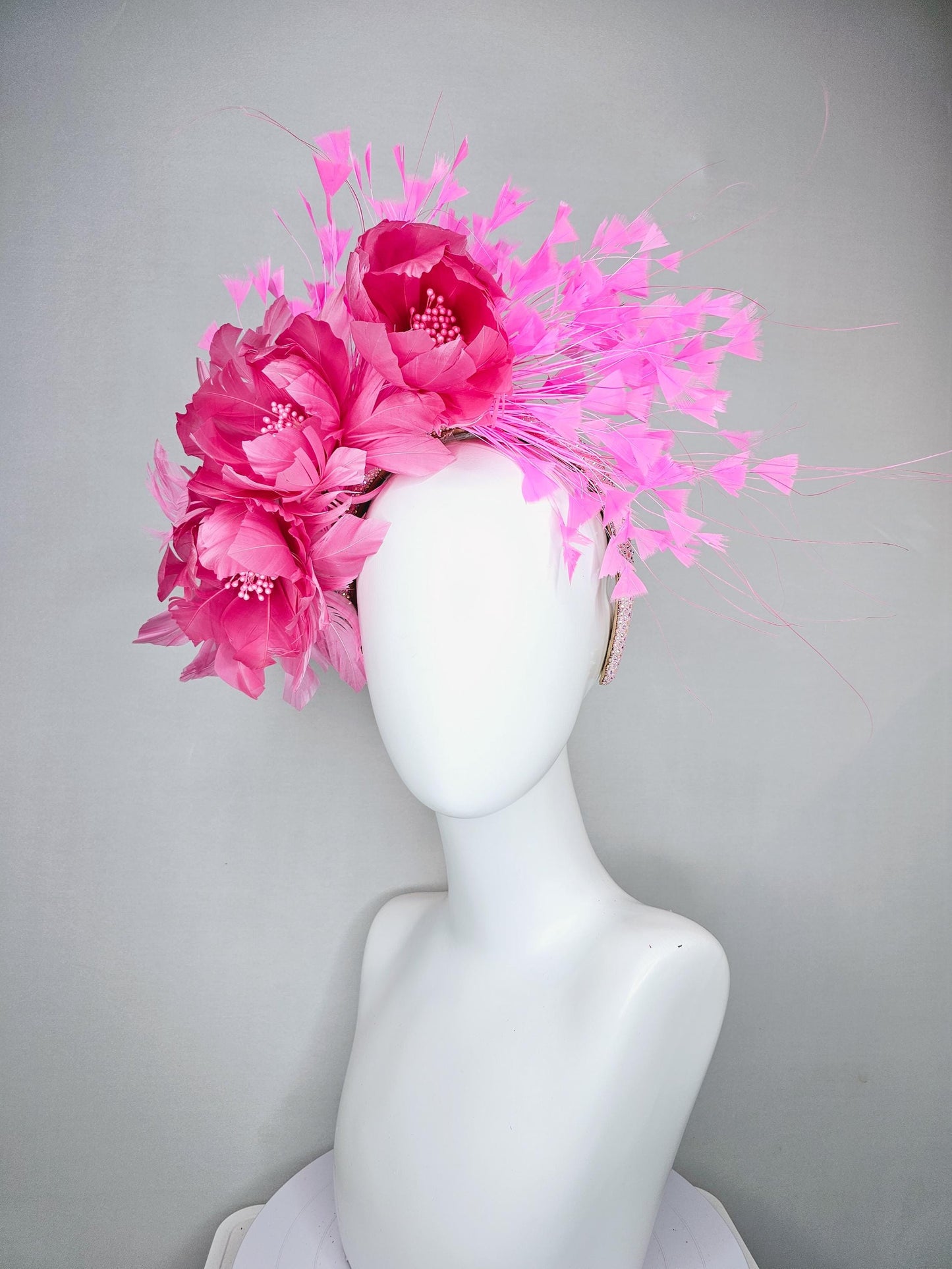 kentucky derby hat fascinator light pink iridescent crystal rhinestone headband,pink feather flowers with pearl core and light pink feathers