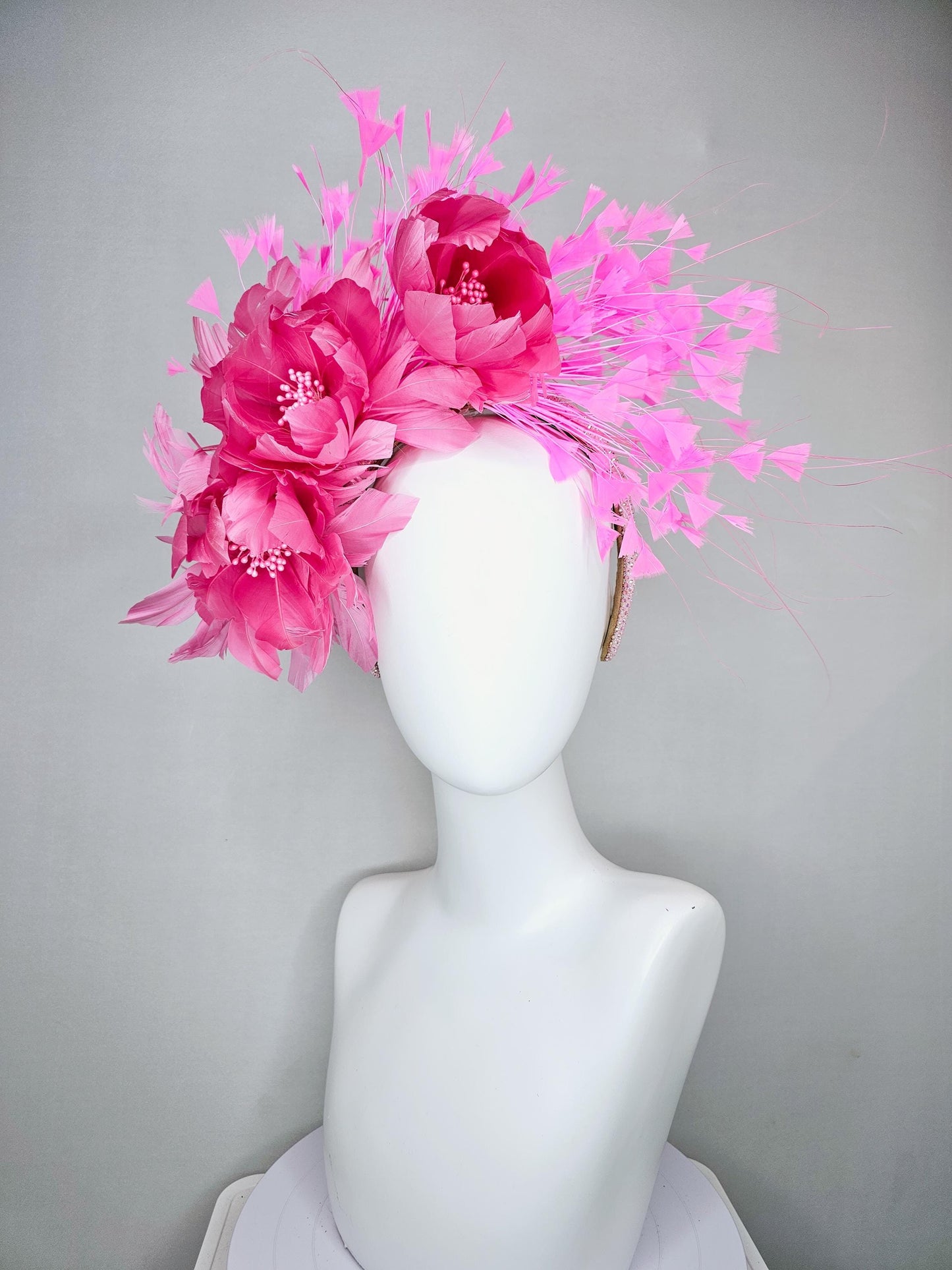 kentucky derby hat fascinator light pink iridescent crystal rhinestone headband,pink feather flowers with pearl core and light pink feathers