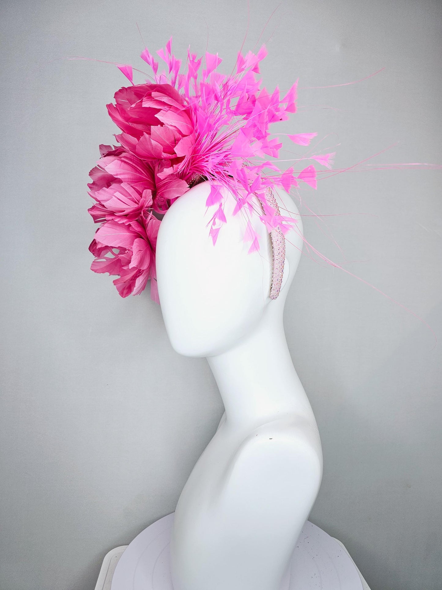 kentucky derby hat fascinator light pink iridescent crystal rhinestone headband,pink feather flowers with pearl core and light pink feathers