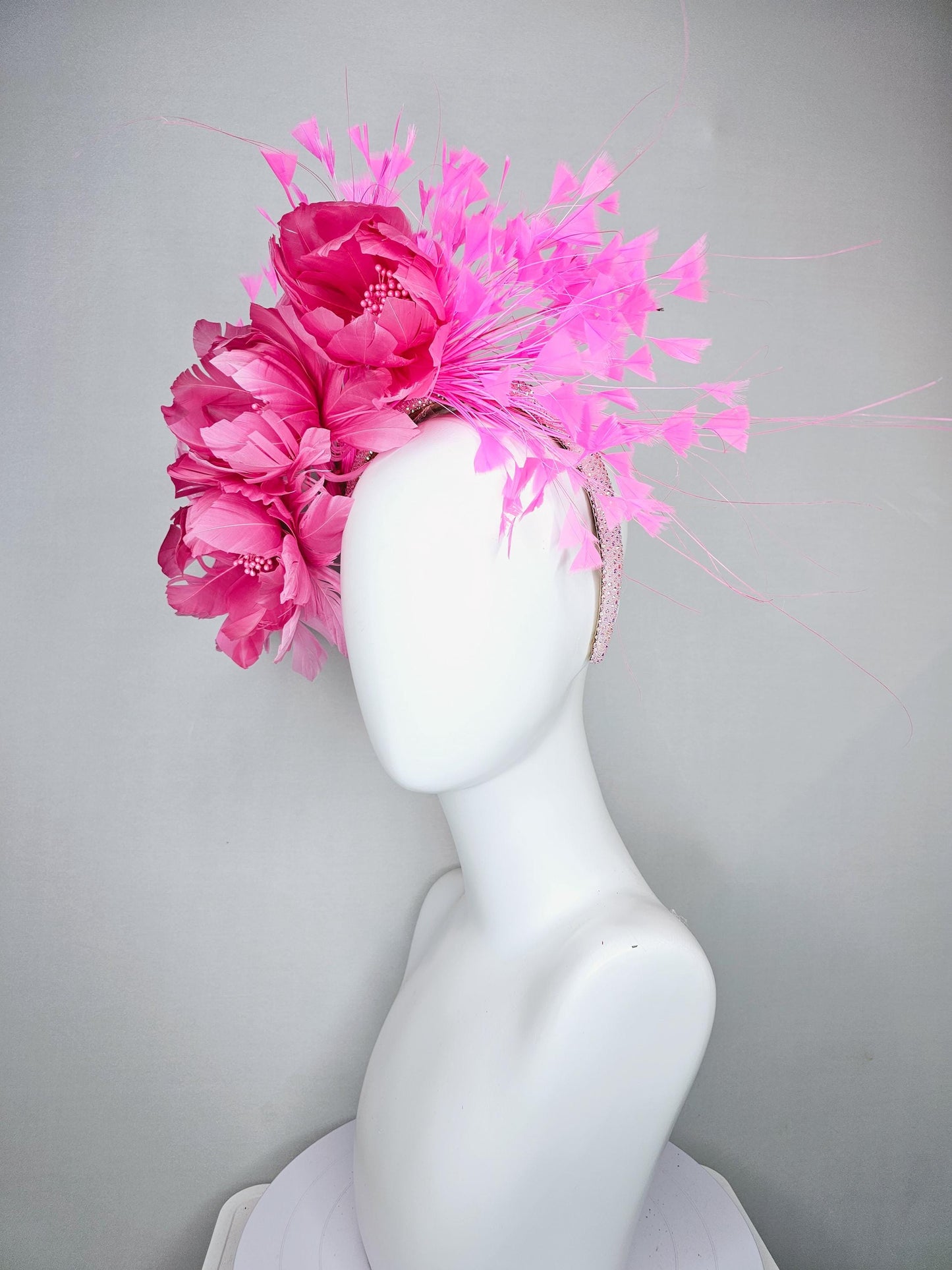 kentucky derby hat fascinator light pink iridescent crystal rhinestone headband,pink feather flowers with pearl core and light pink feathers