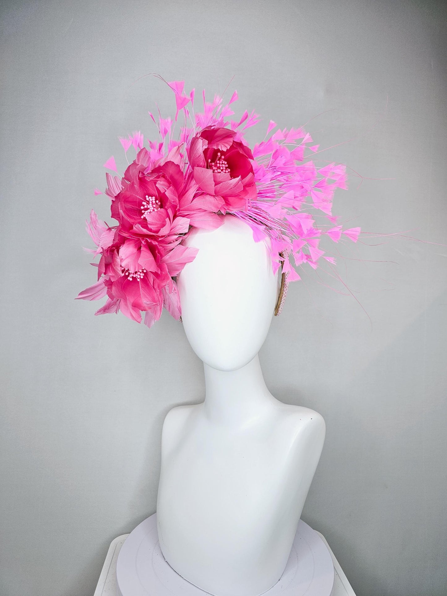 kentucky derby hat fascinator light pink iridescent crystal rhinestone headband,pink feather flowers with pearl core and light pink feathers