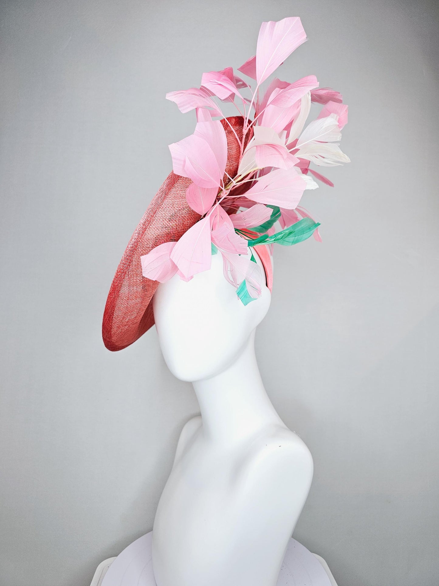 kentucky derby hat fascinator coral peach sinamay saucer with pink green brown floral embroidery,light pink and green branching feathers