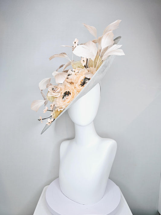 kentucky derby hat fascinator light gray sinamay saucer,champagne pink blush organza flowers,champagne branching feathers