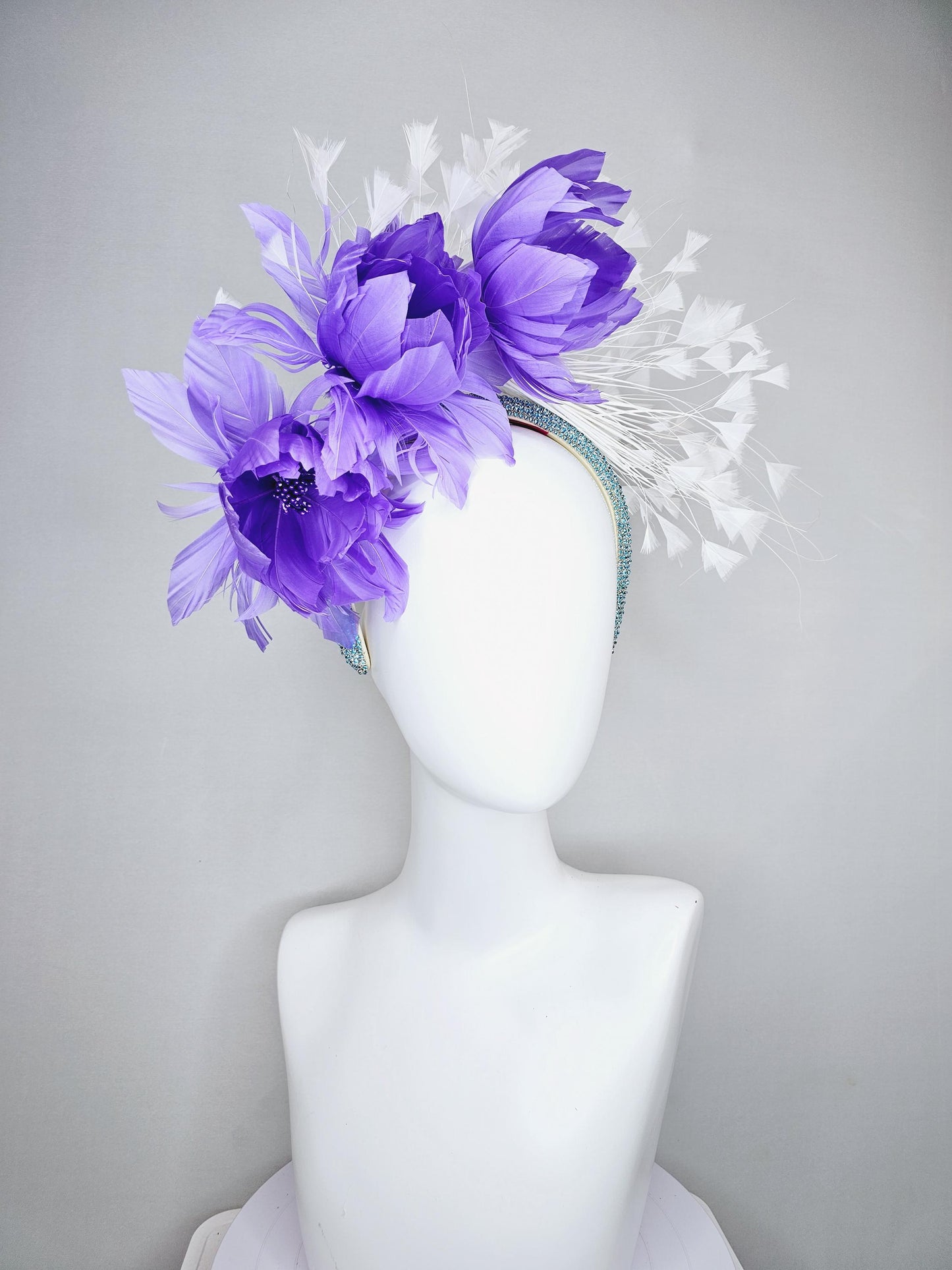 kentucky derby hat fascinator purple violet feather flowers, white branching feathers, turquoise sky blue crystal rhinestone headband