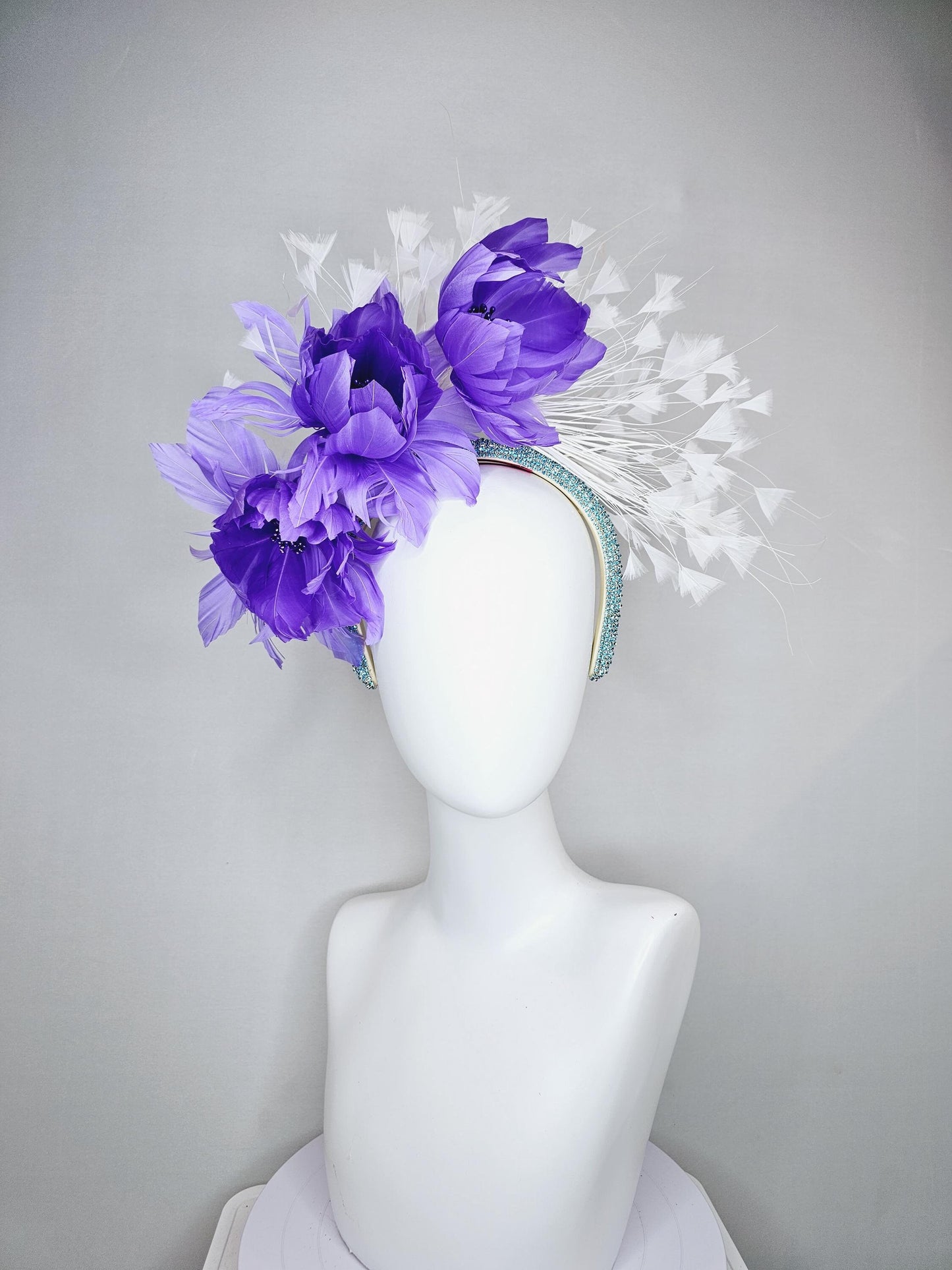 kentucky derby hat fascinator purple violet feather flowers, white branching feathers, turquoise sky blue crystal rhinestone headband