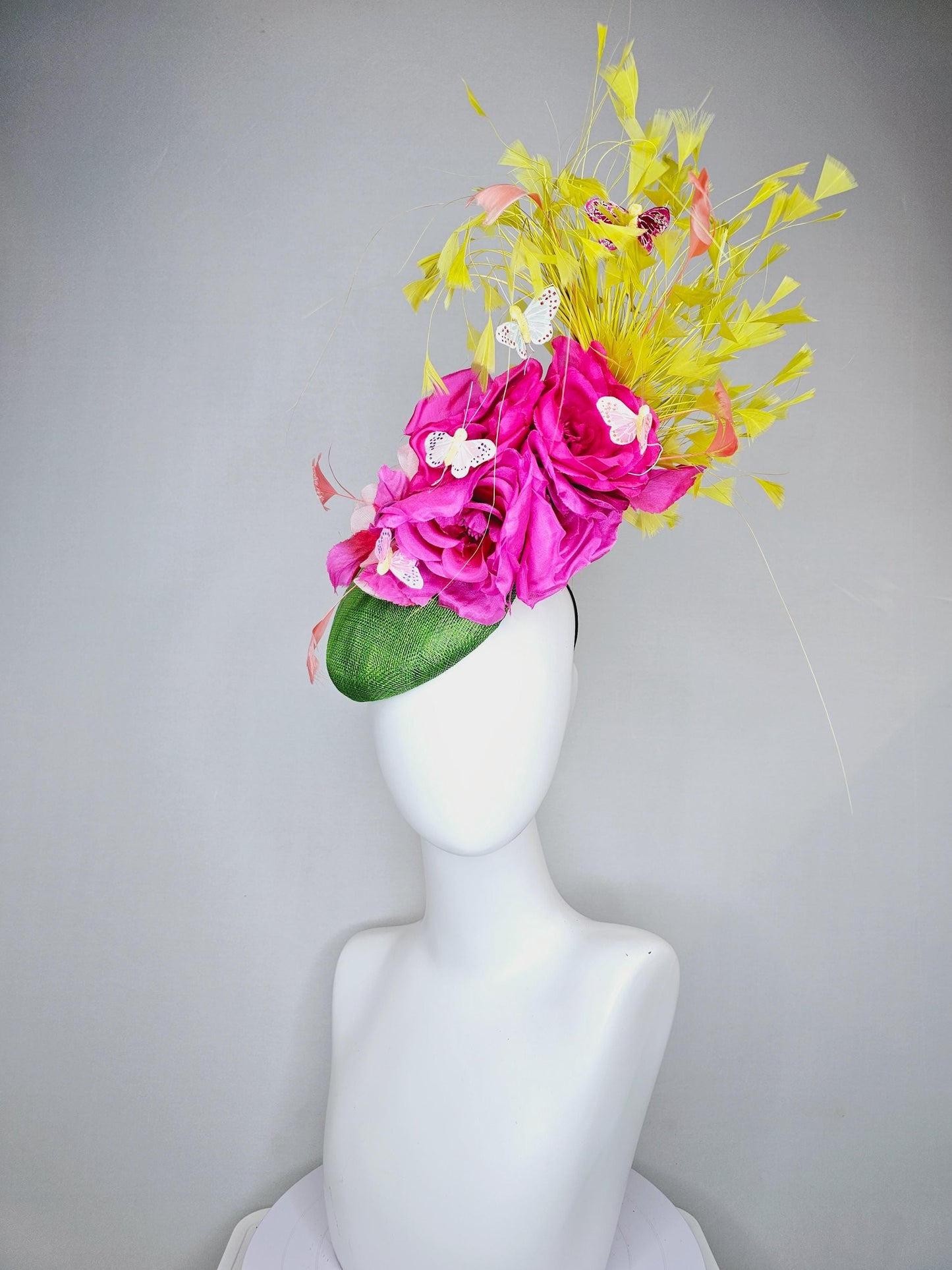 kentucky derby hat fascinator green sinamay, fuchsia pink silk organza flowers, yellow branching feathers and white butterflies