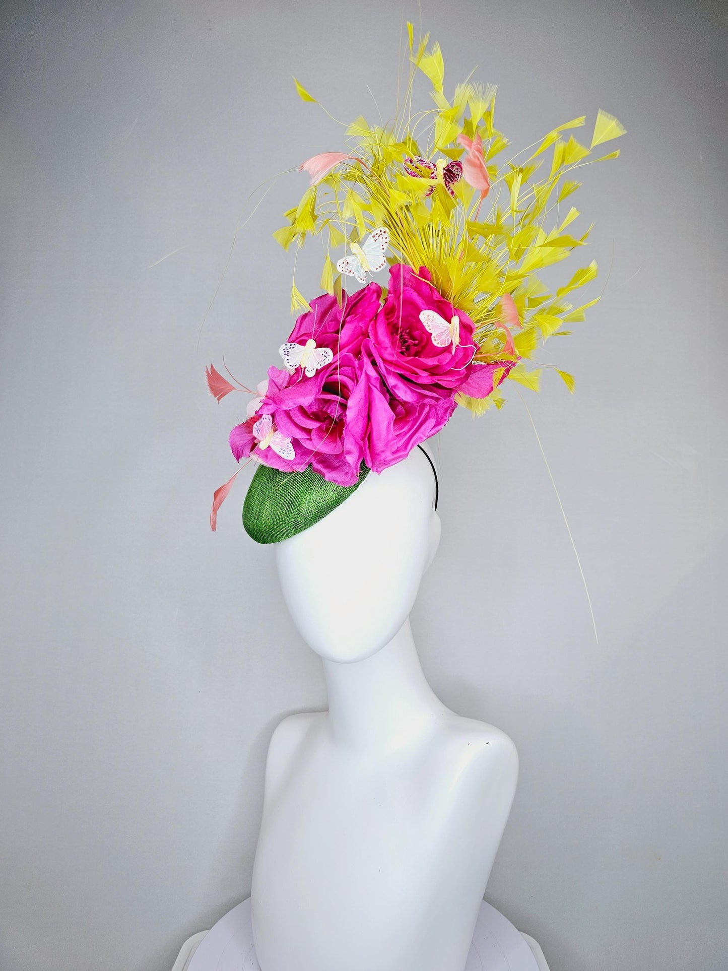 kentucky derby hat fascinator green sinamay, fuchsia pink silk organza flowers, yellow branching feathers and white butterflies