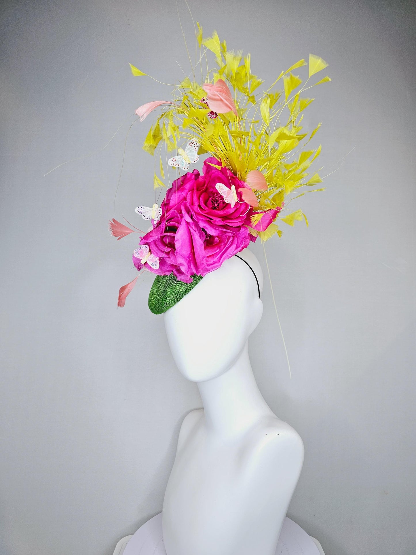 kentucky derby hat fascinator green sinamay, fuchsia pink silk organza flowers, yellow branching feathers and white butterflies