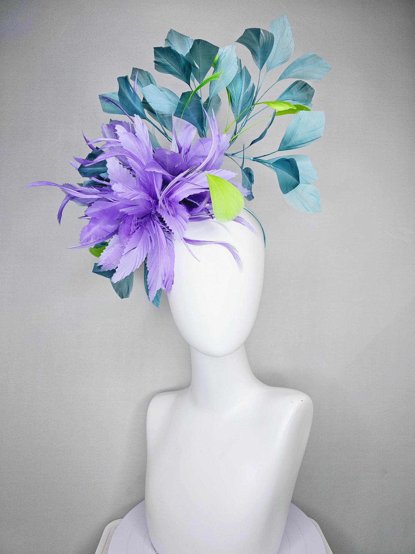 kentucky derby hat fascinator purple lavender feather flower with teal blue and green branching feathers