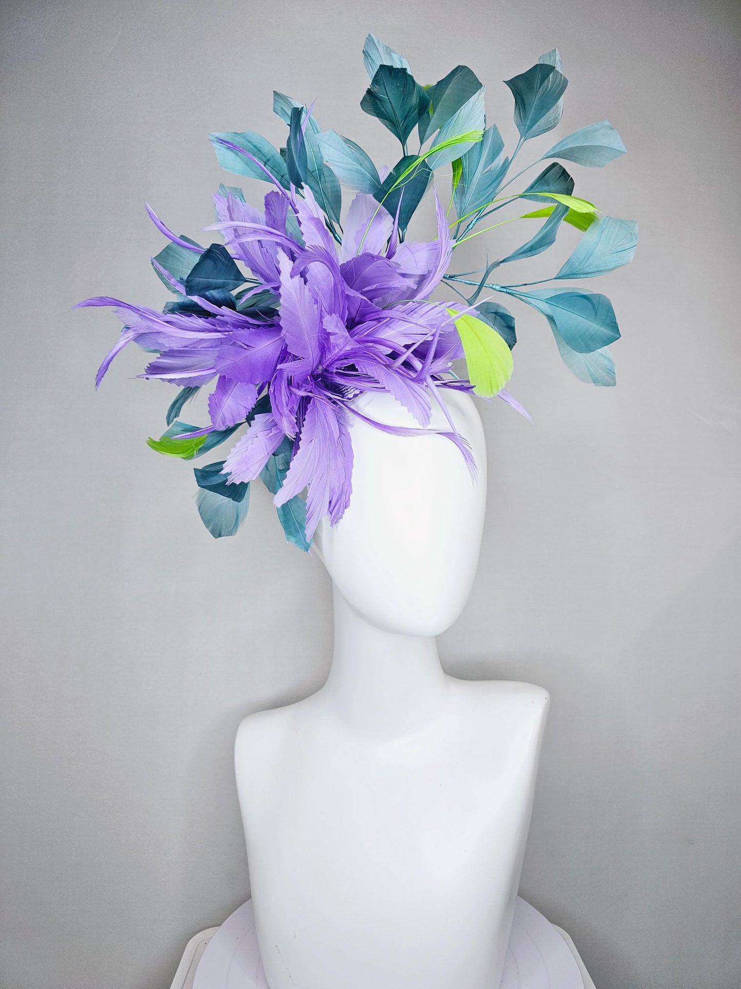 kentucky derby hat fascinator purple lavender feather flower with teal blue and green branching feathers