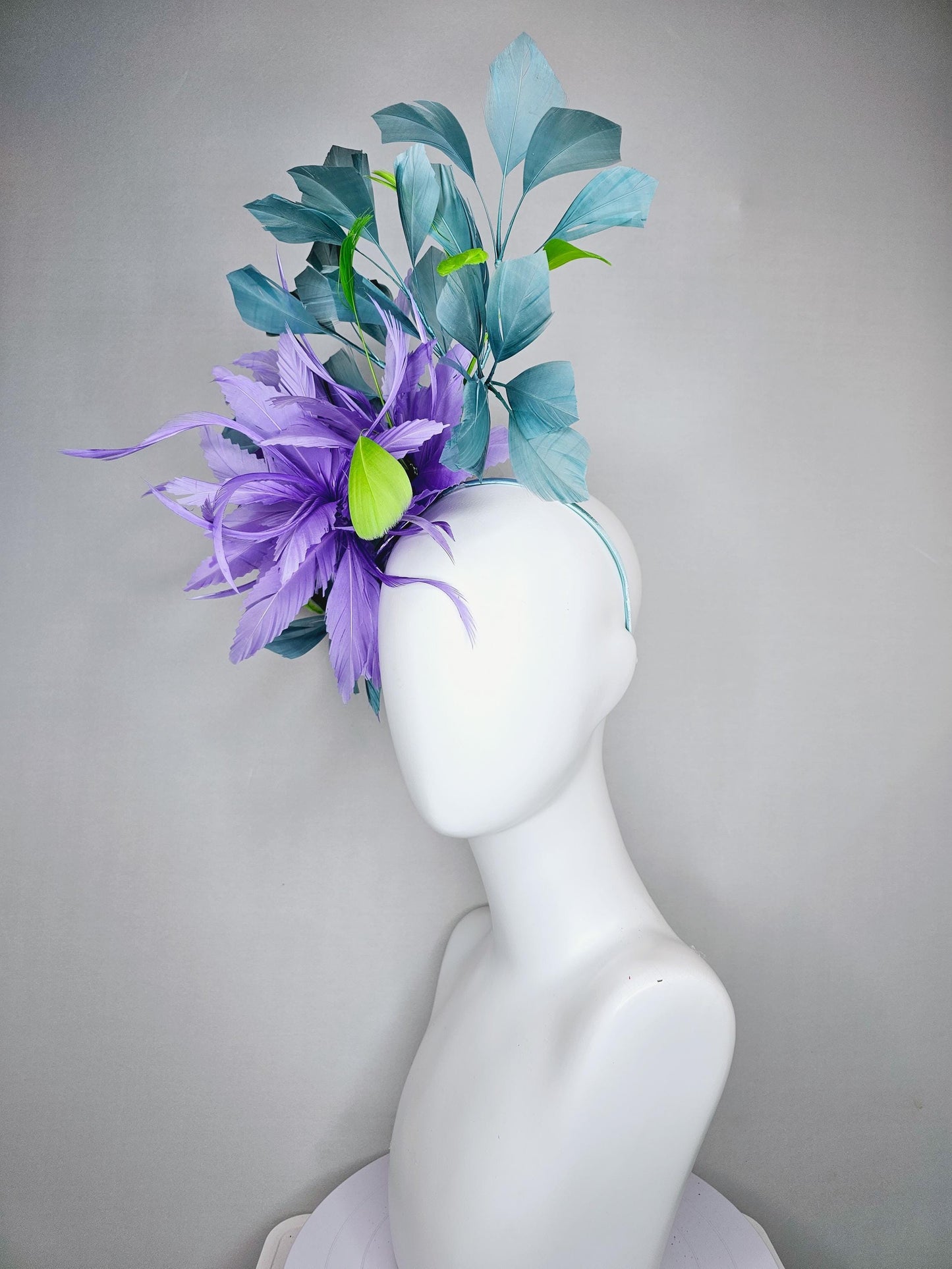 kentucky derby hat fascinator purple lavender feather flower with teal blue and green branching feathers