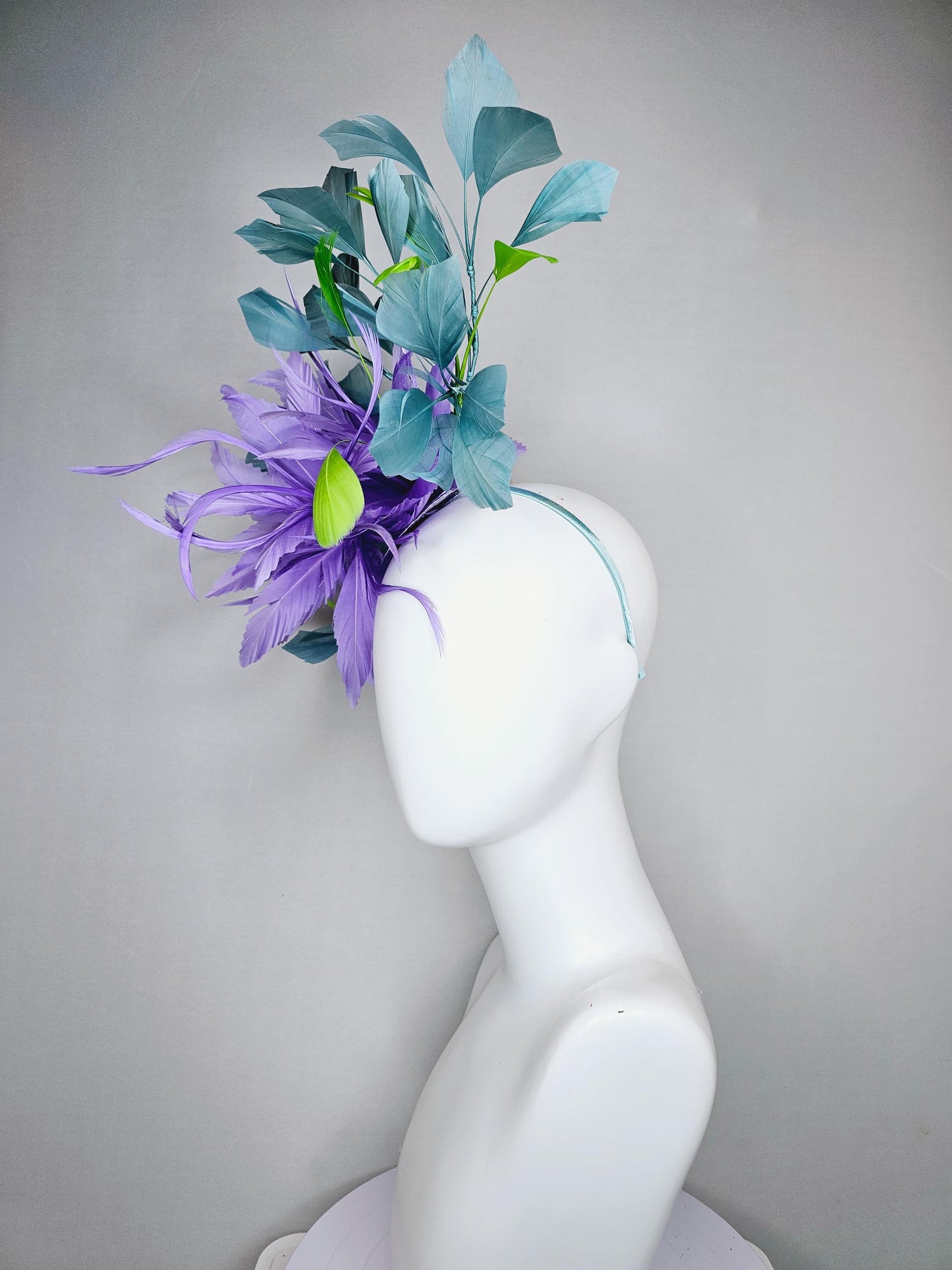 kentucky derby hat fascinator purple lavender feather flower with teal blue and green branching feathers