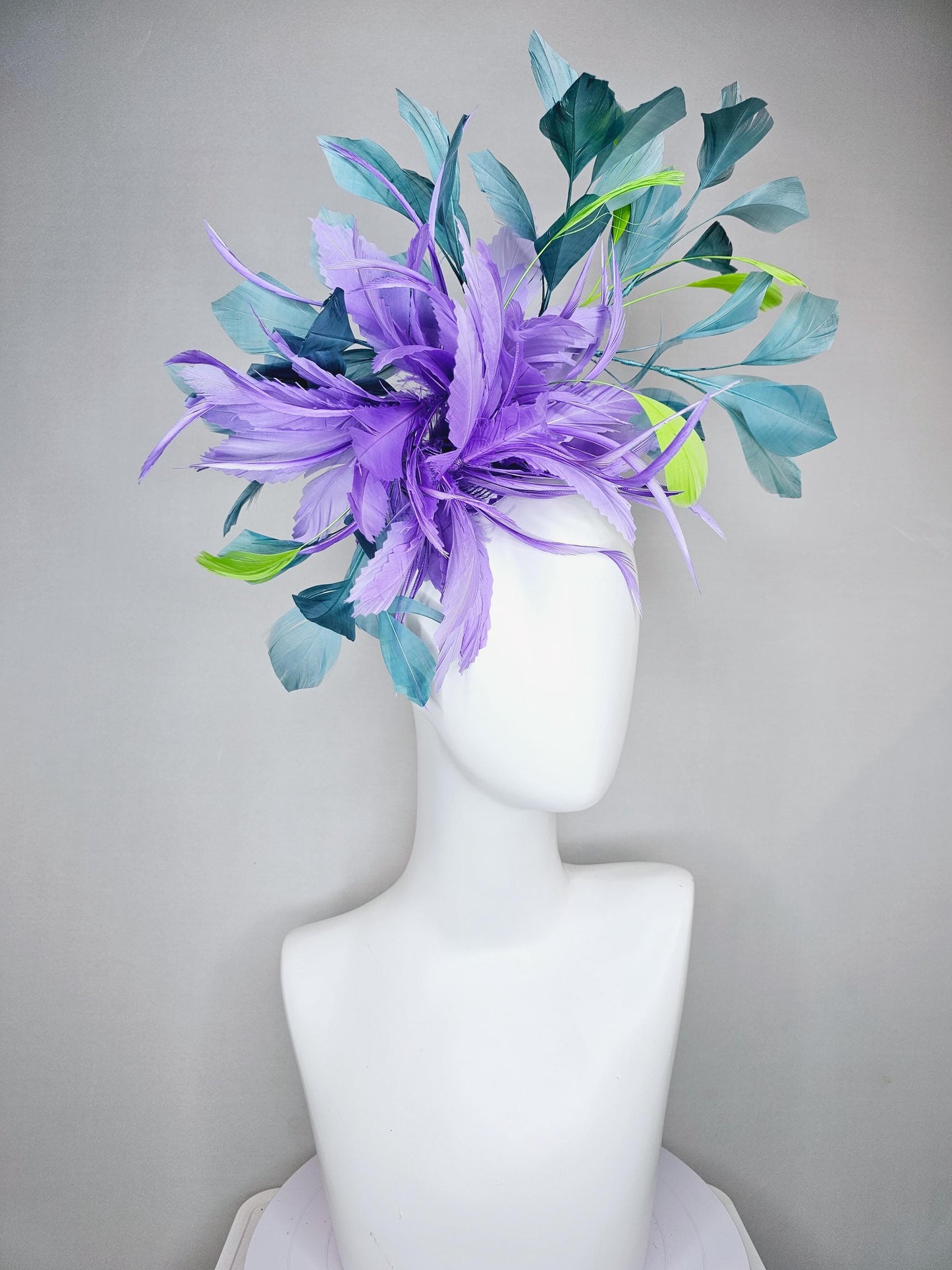 kentucky derby hat fascinator purple lavender feather flower with teal blue and green branching feathers