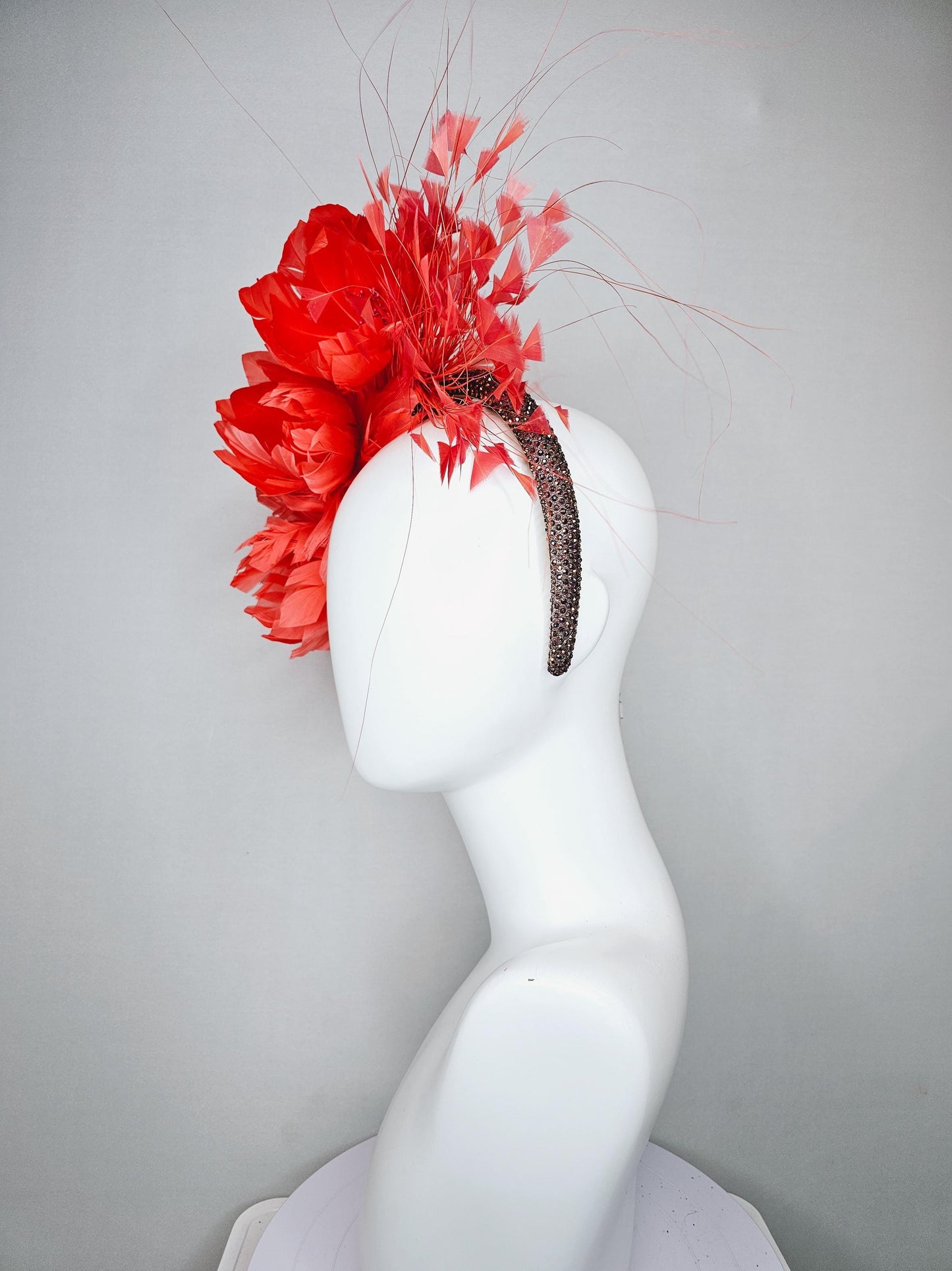 kentucky derby hat fascinator coral orange feather flowers,coral branching feathers,brown copper iridescent crystal rhinestone headband