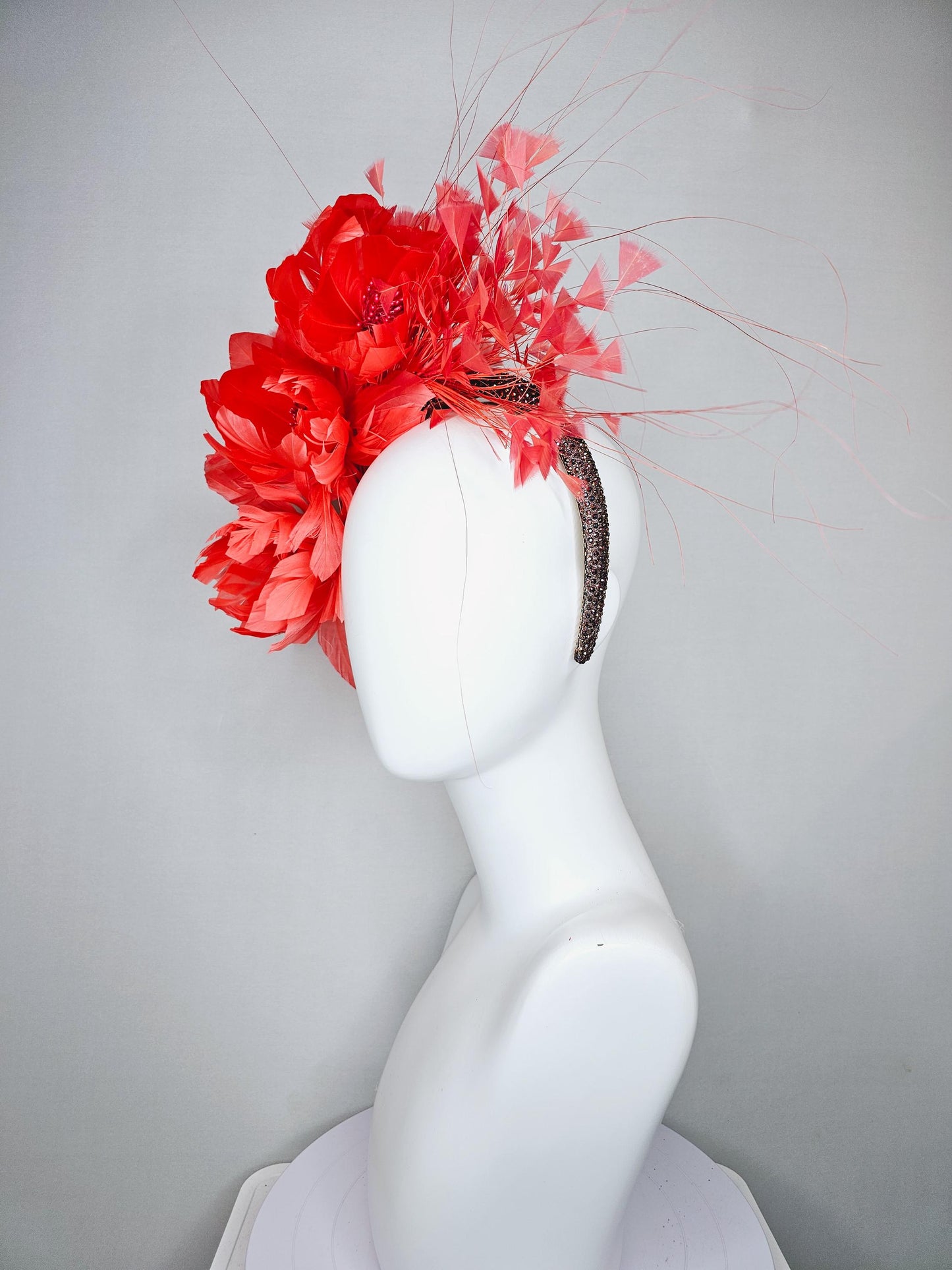 kentucky derby hat fascinator coral orange feather flowers,coral branching feathers,brown copper iridescent crystal rhinestone headband