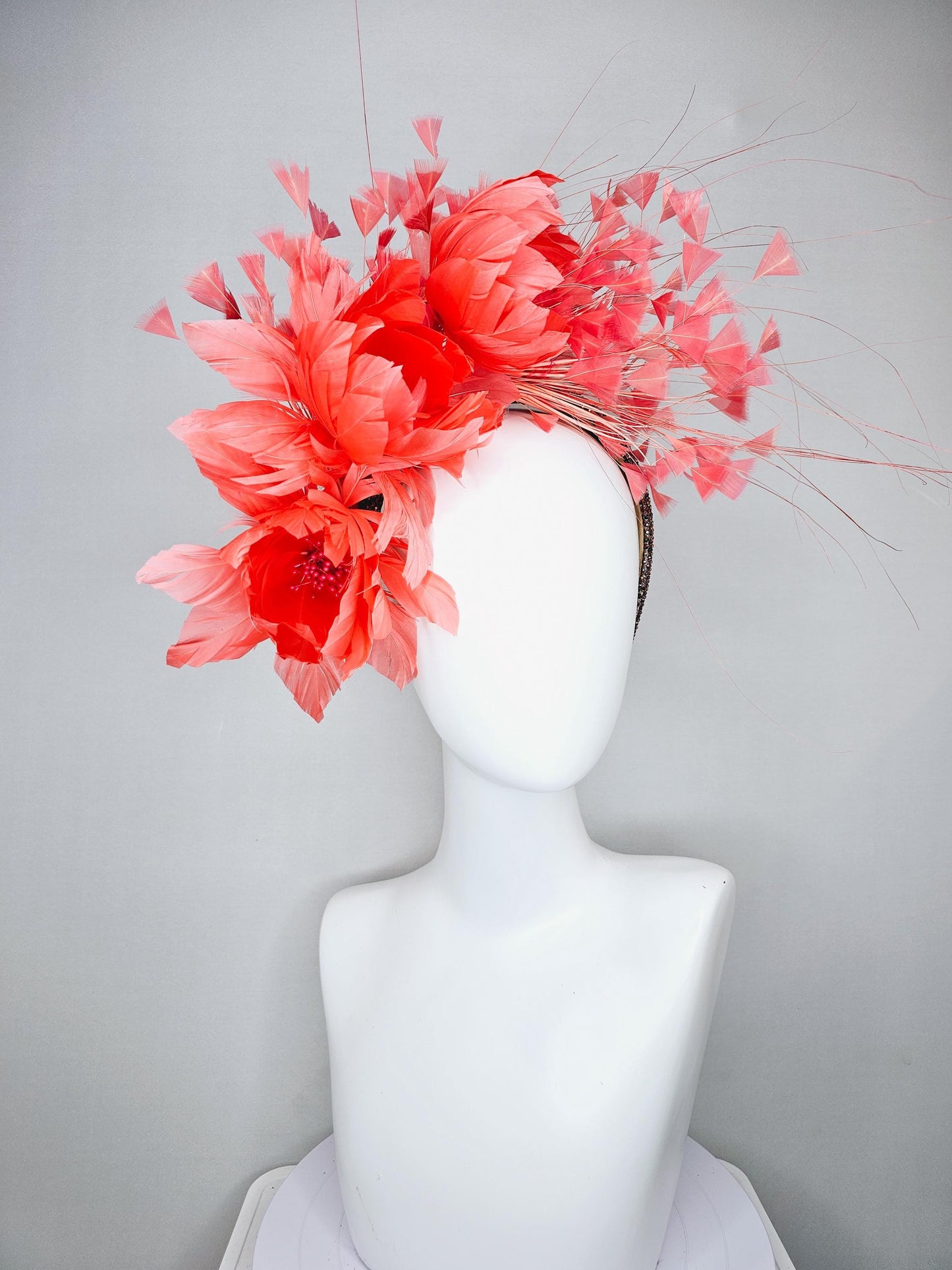 kentucky derby hat fascinator coral orange feather flowers,coral branching feathers,brown copper iridescent crystal rhinestone headband