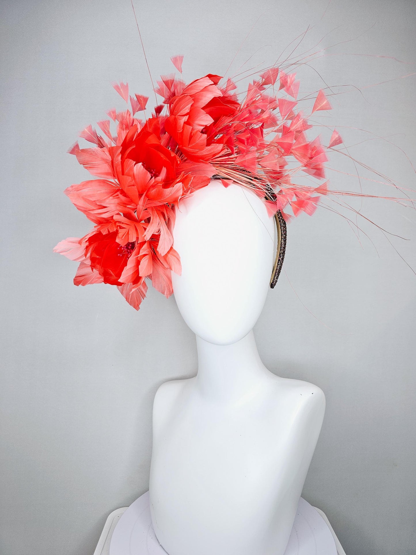 kentucky derby hat fascinator coral orange feather flowers,coral branching feathers,brown copper iridescent crystal rhinestone headband