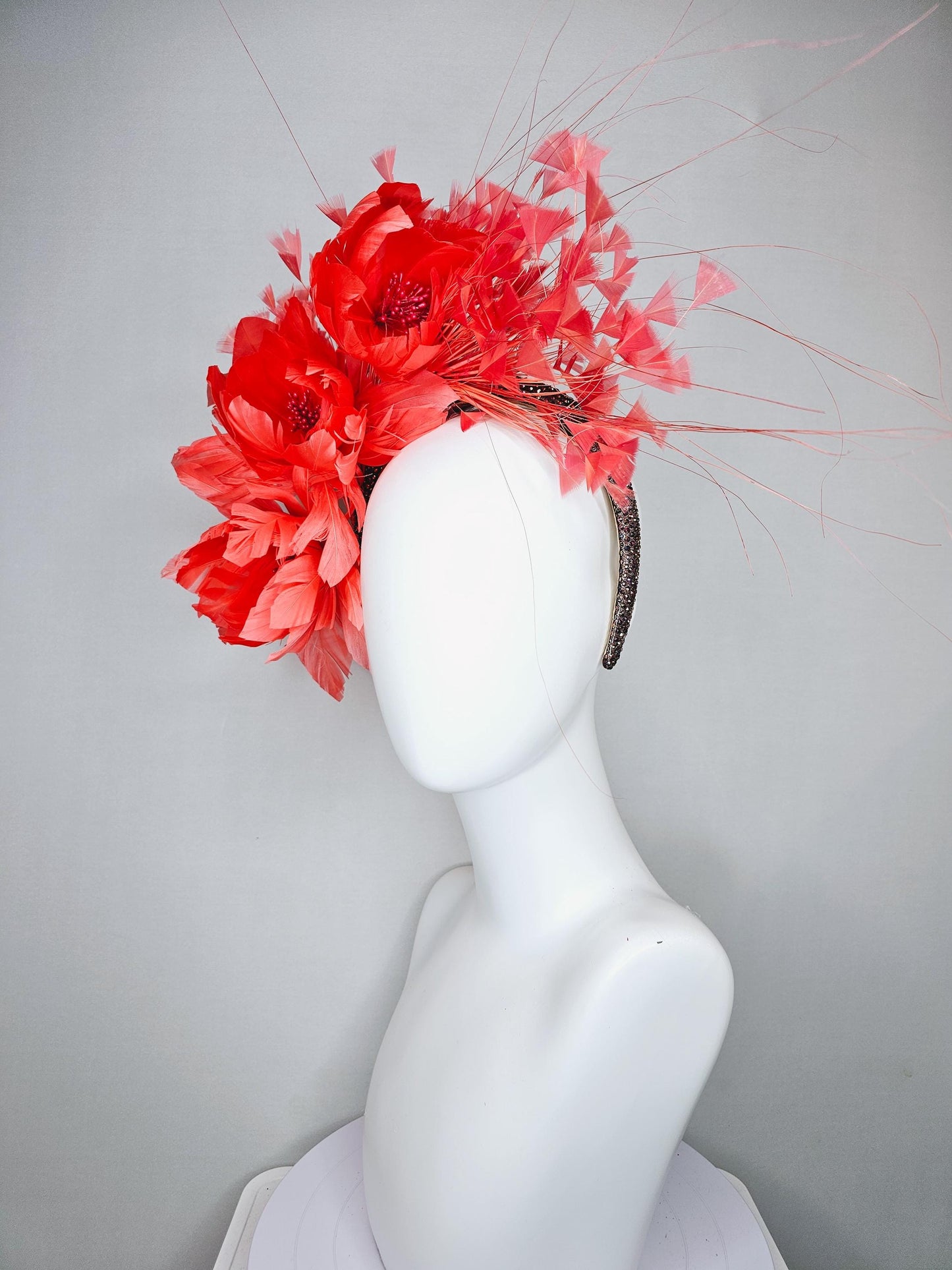 kentucky derby hat fascinator coral orange feather flowers,coral branching feathers,brown copper iridescent crystal rhinestone headband