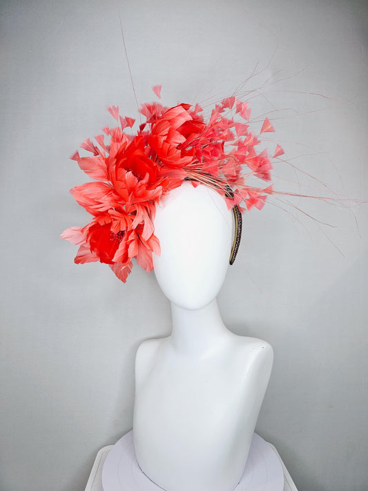 kentucky derby hat fascinator coral orange feather flowers,coral branching feathers,brown copper iridescent crystal rhinestone headband