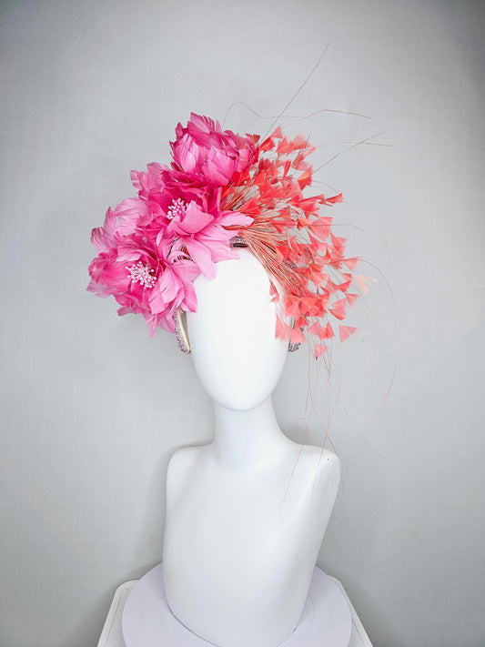 kentucky derby hat fascinator with rose pink feather flowers, light orange coral branching feathers, light pink crystal rhinestone headband