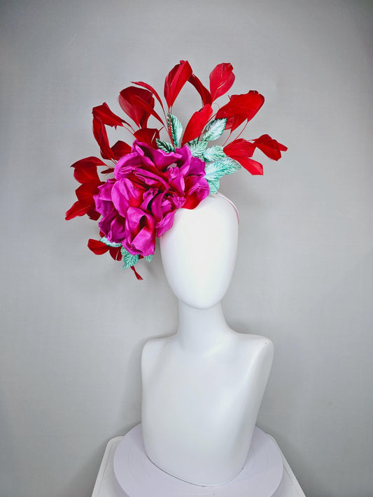 kentucky derby hat fascinator bright pink satin silk flower with aqua blue satin leaves and red coral branching feathers