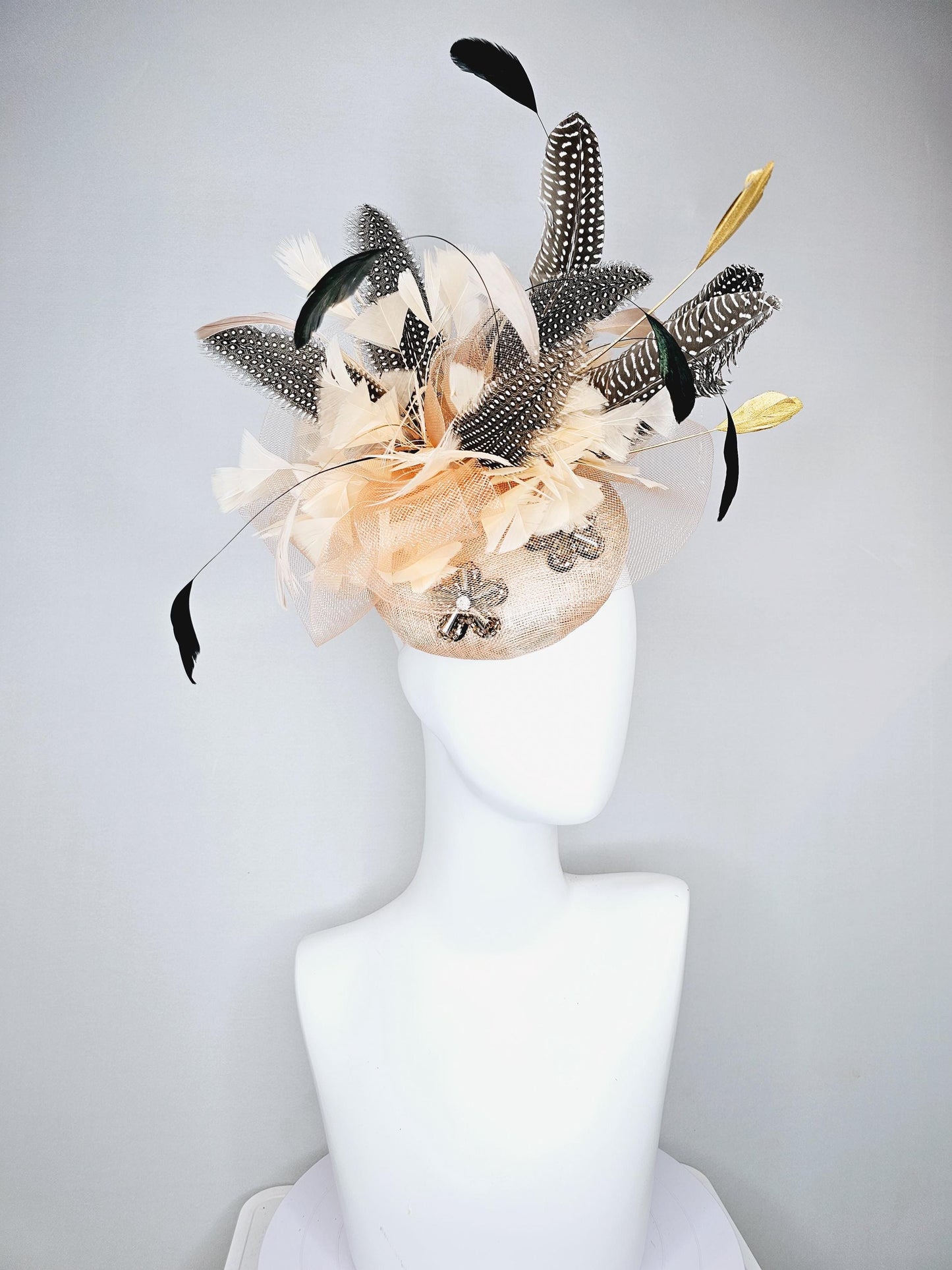 kentucky derby hat fascinator champagne sinamay base embroidered flowers with sinamay curls,champagne gold black and pheasant feathers