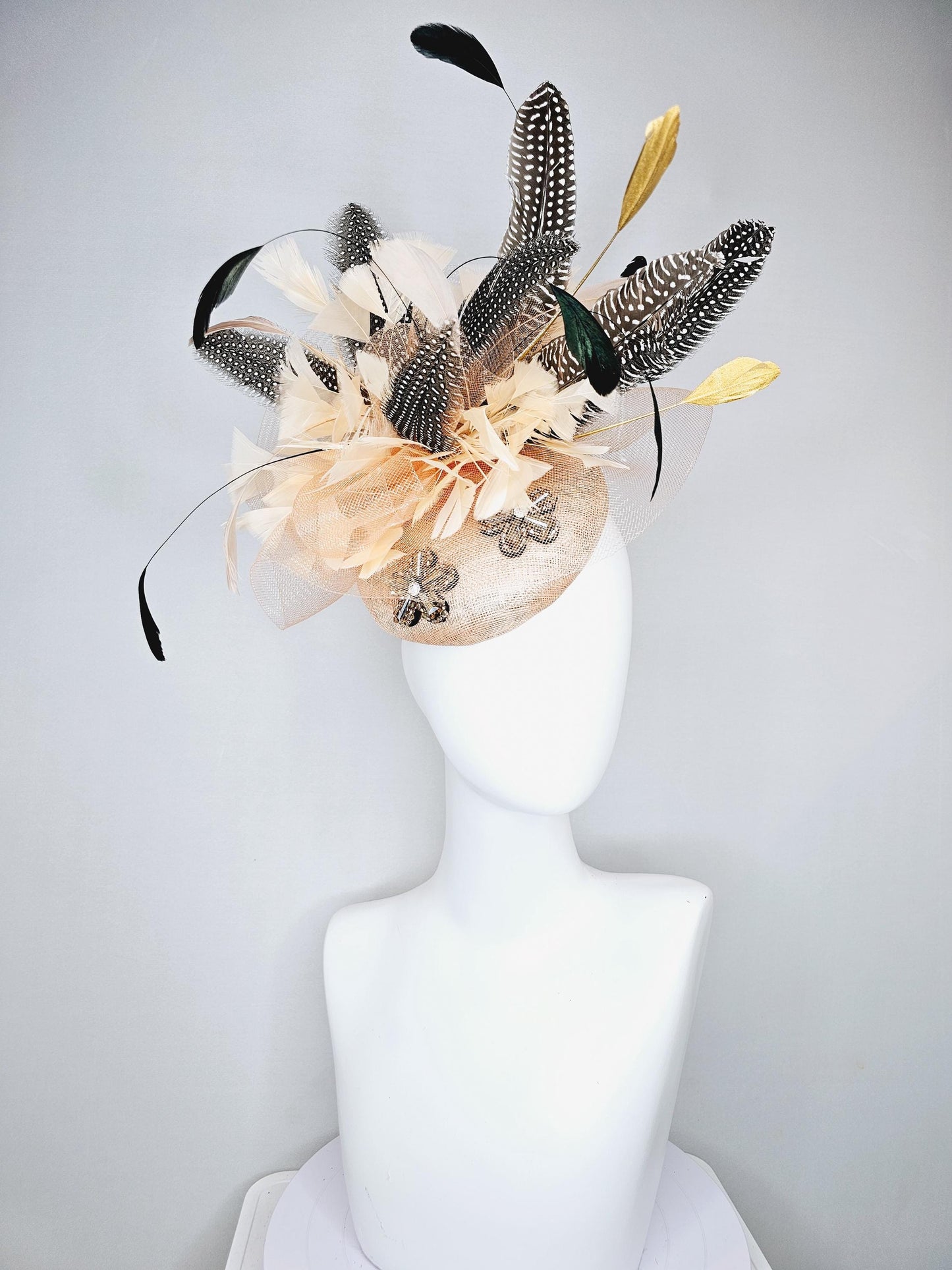 kentucky derby hat fascinator champagne sinamay base embroidered flowers with sinamay curls,champagne gold black and pheasant feathers