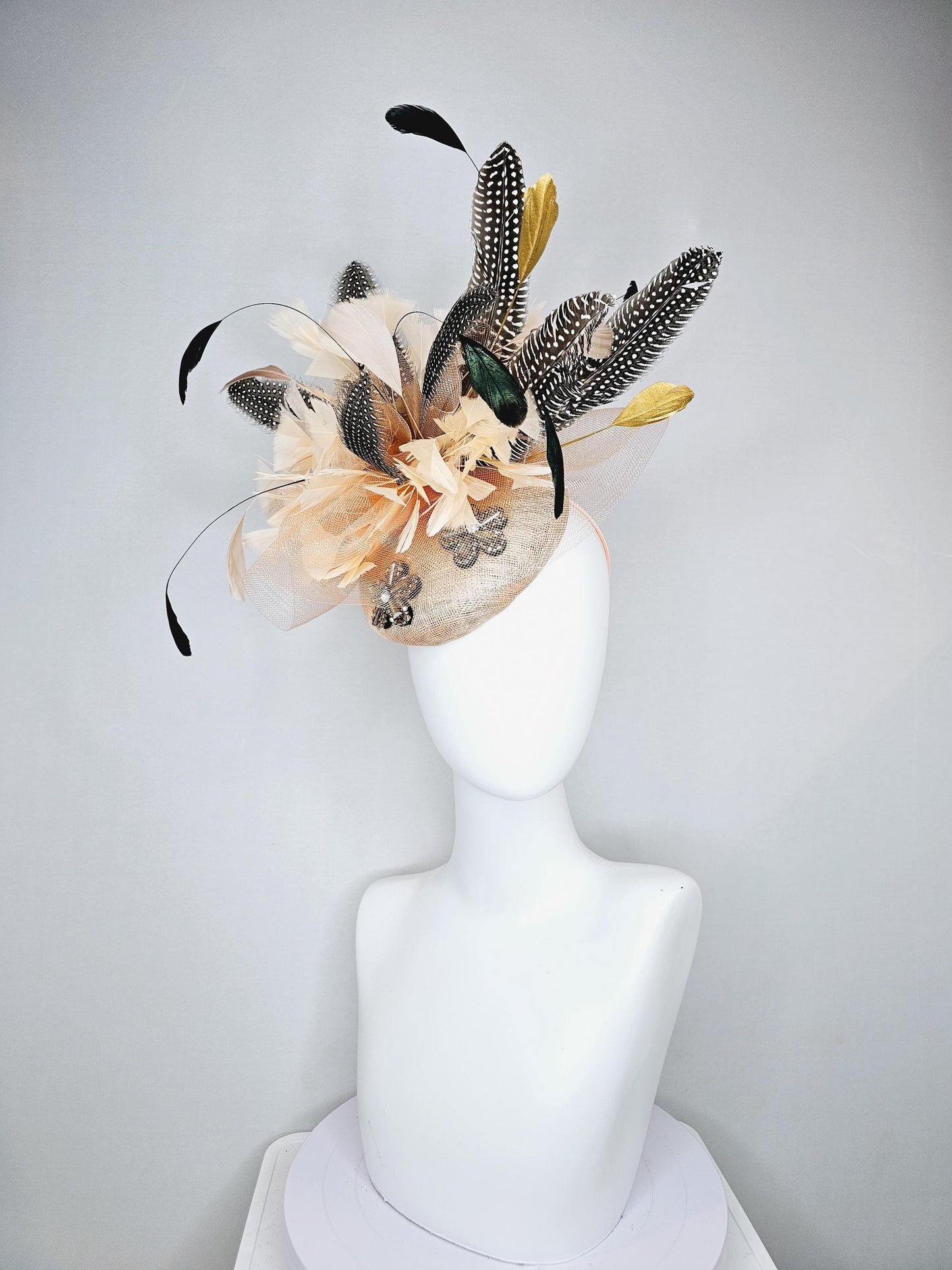 kentucky derby hat fascinator champagne sinamay base embroidered flowers with sinamay curls,champagne gold black and pheasant feathers