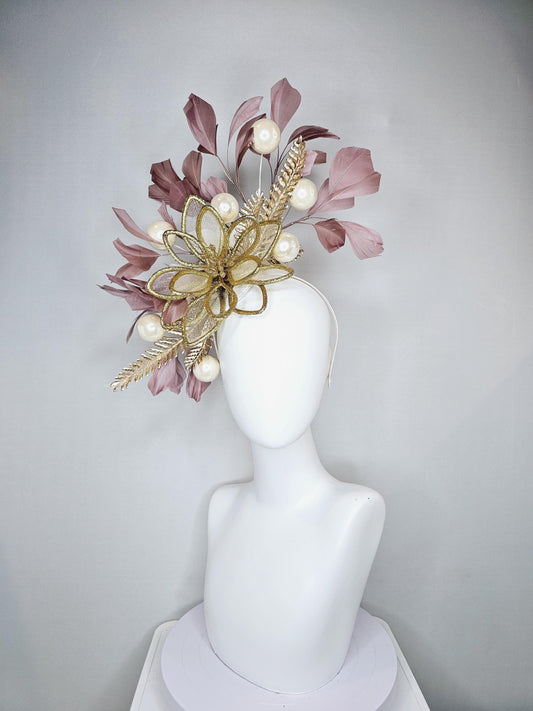 kentucky derby hat fascinator gold glitter flower with gold leaves, taupe brown branching feathers with pearls